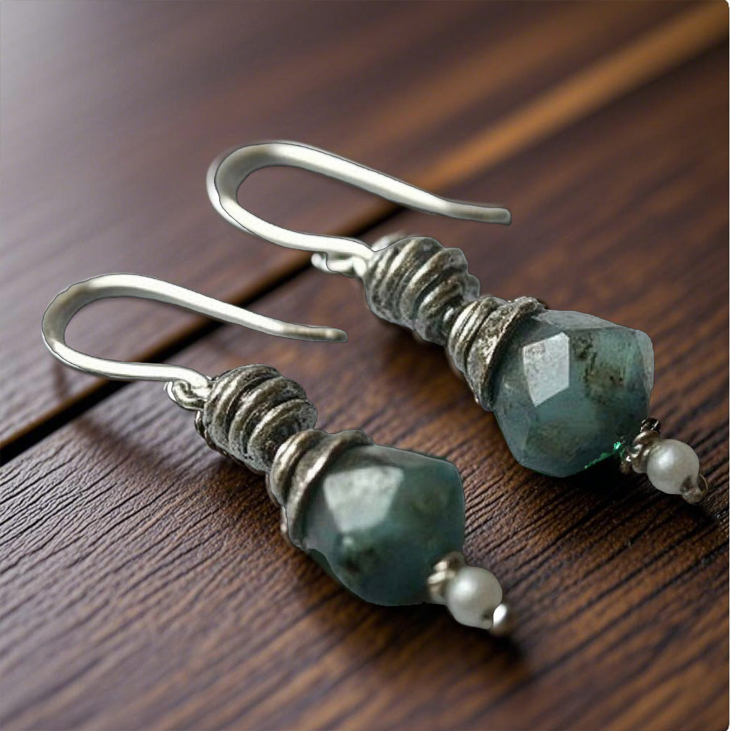 Boho Ocean-Inspired Drop Earrings – Raw Green Gemstone with Antique Silver Accents