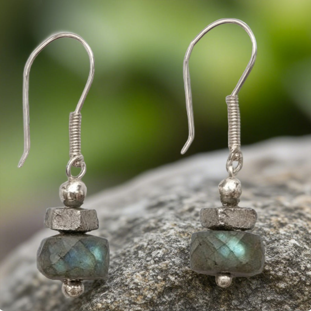 Minimalist Labradorite Drop Earrings with Silver Accents – Handmade Rustic Elegance