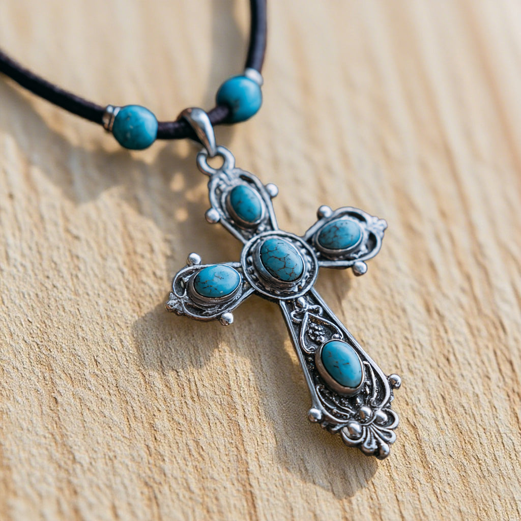 Vintage Turquoise Cross Pendant Necklace