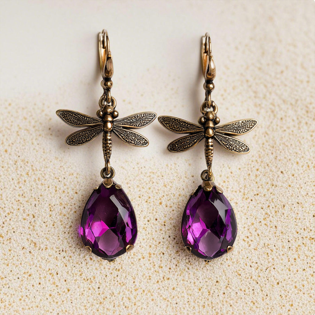 Vintage Dragonfly Drop Earrings – Antique Bronze with Purple Teardrop Crystal