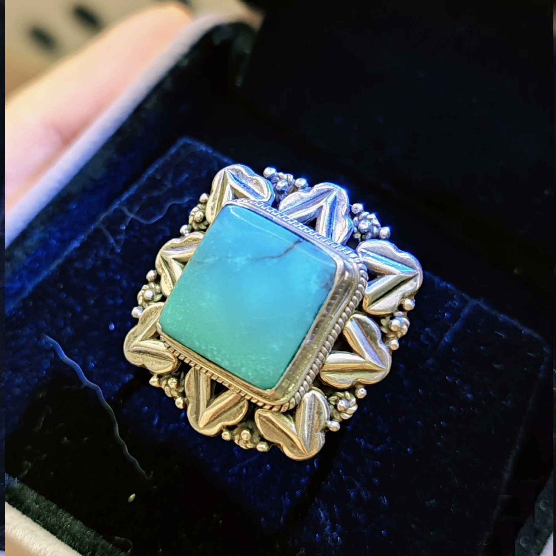 Statement Turquoise Ring – Sterling Silver Boho Vintage-Style Square Gemstone Ring