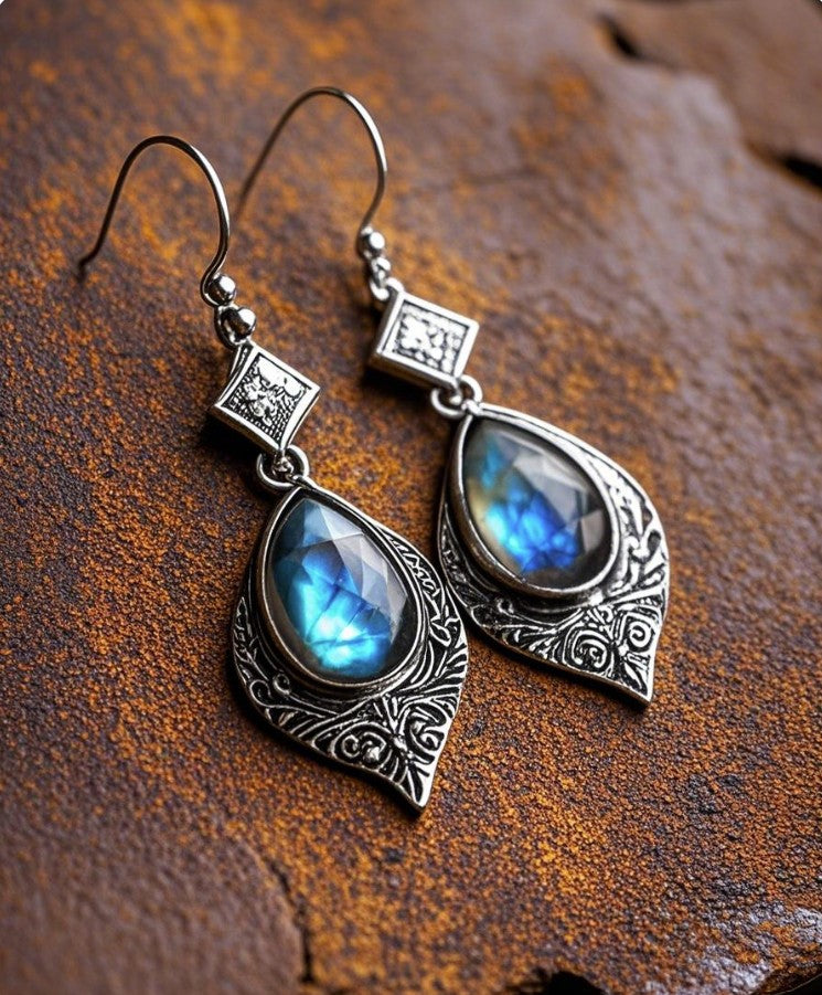 Mystic Blue Teardrop Earrings with Ornate Vintage Filigree