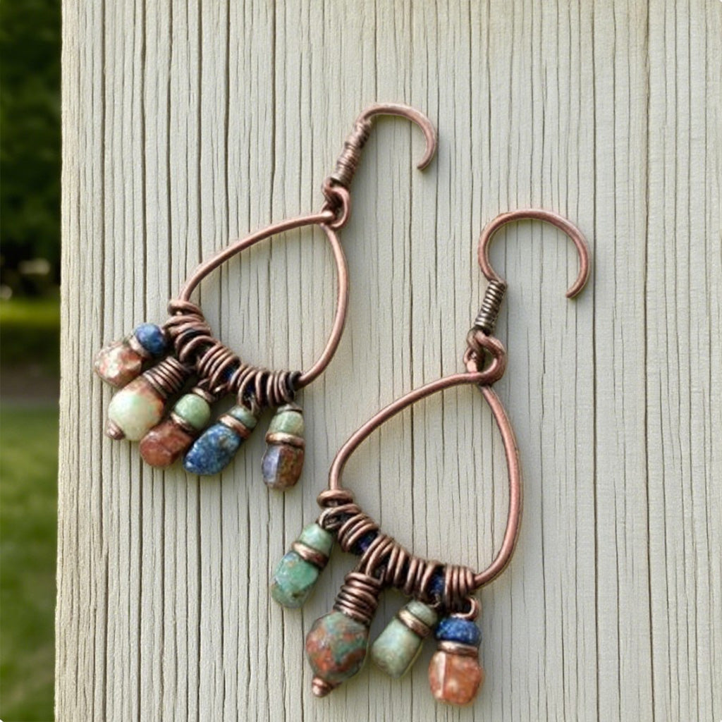 Rustic Copper Wire Drop Earrings with Multicolor Stone Beads