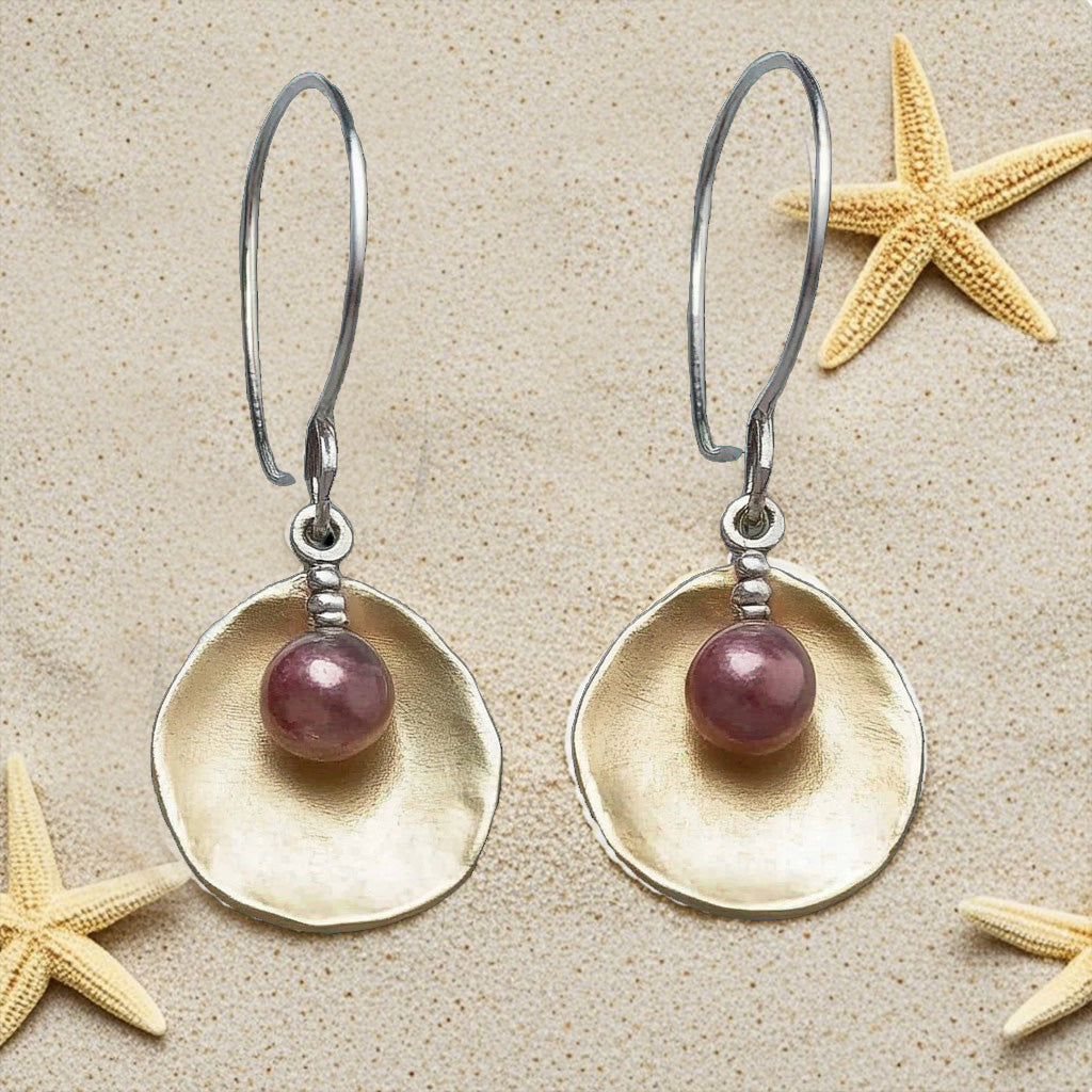 Modern Organic Drop Earrings – Gold Hammered Disc with Plum Bead
