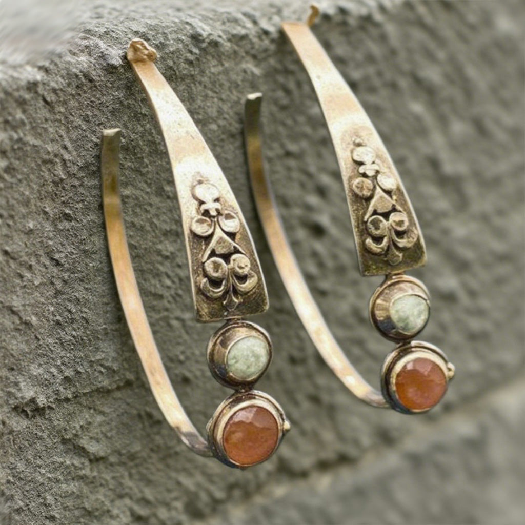 Rustic Gemstone Hoop Earrings – Vintage Bronze Floral Design with Dual Stone Accents