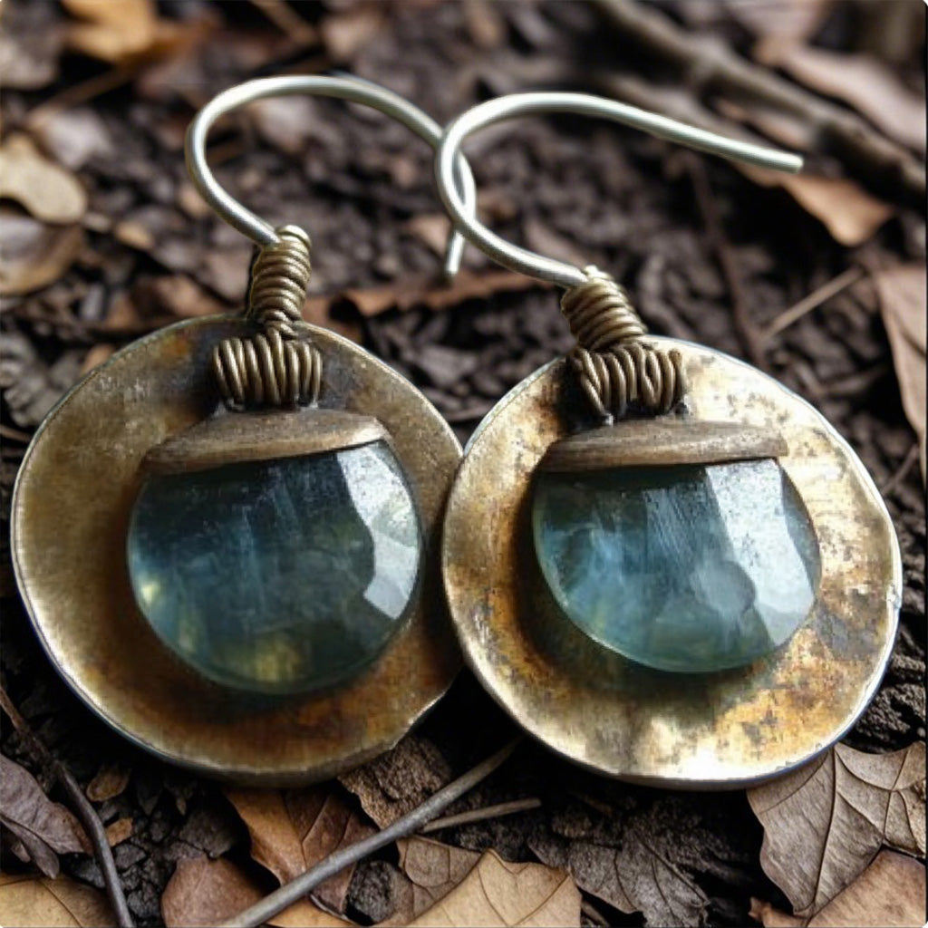 Rustic Boho Circle Earrings – Faceted Blue Gemstone Drops with Aged Brass Discs