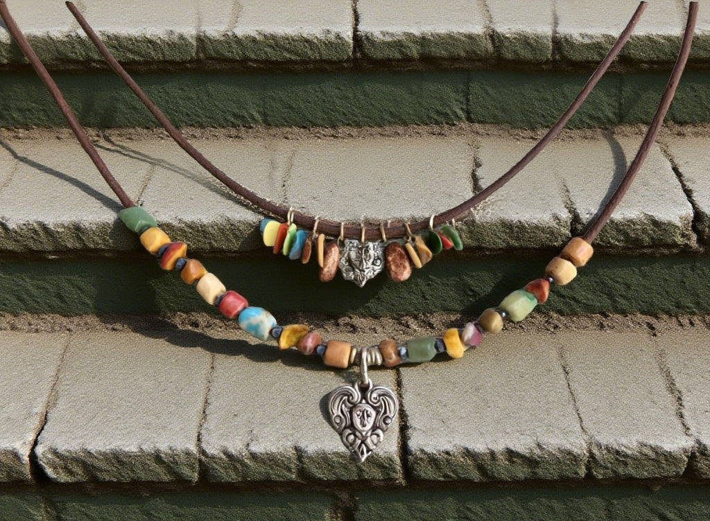 Boho Layered Beaded Necklace with Heart Pendant – Handmade Tribal Style with Natural Stone & Leather Cord