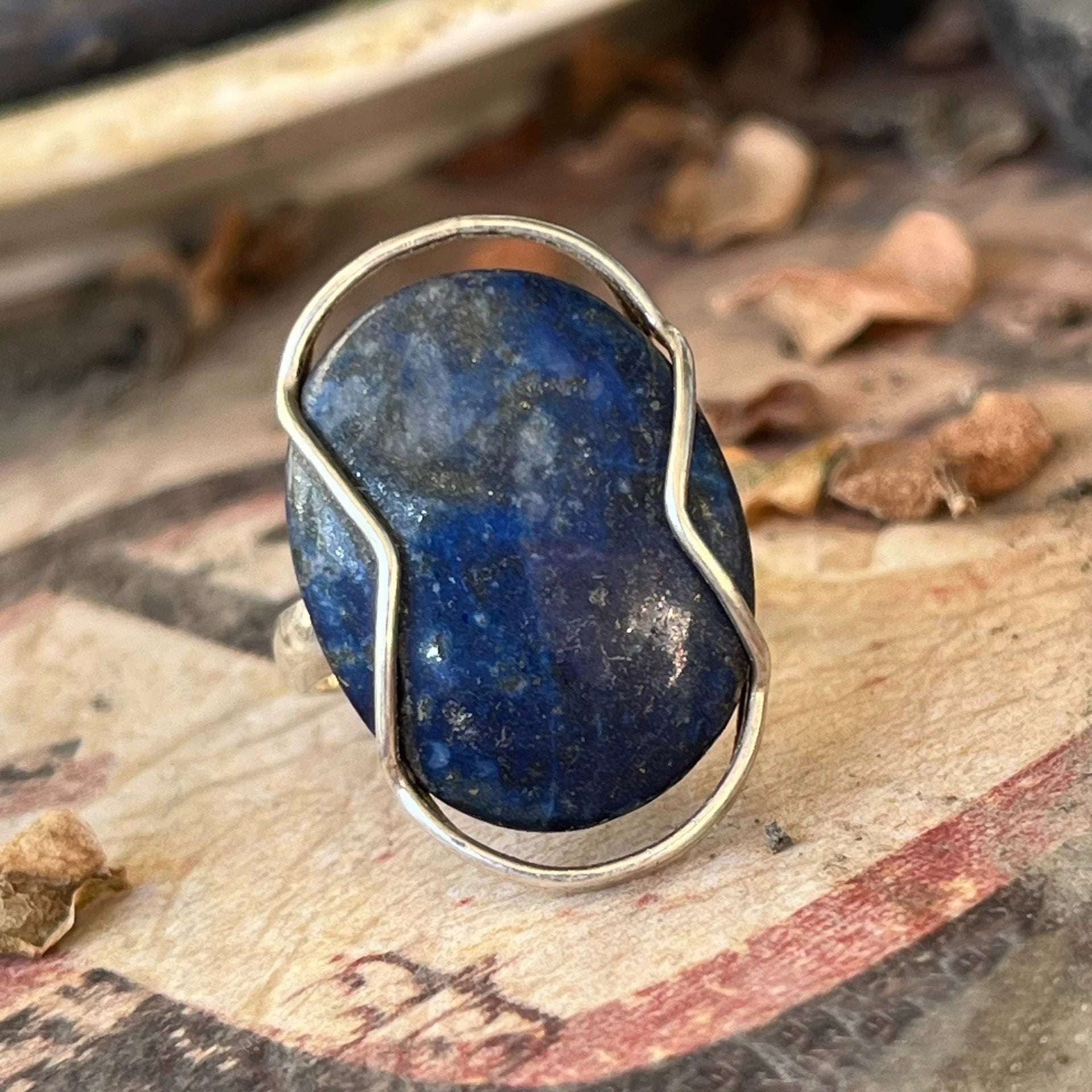 Sterling Silver Wire Wrapped Lapis Lazuli Ring – Handmade Oval Blue Stone Statement Jewelry