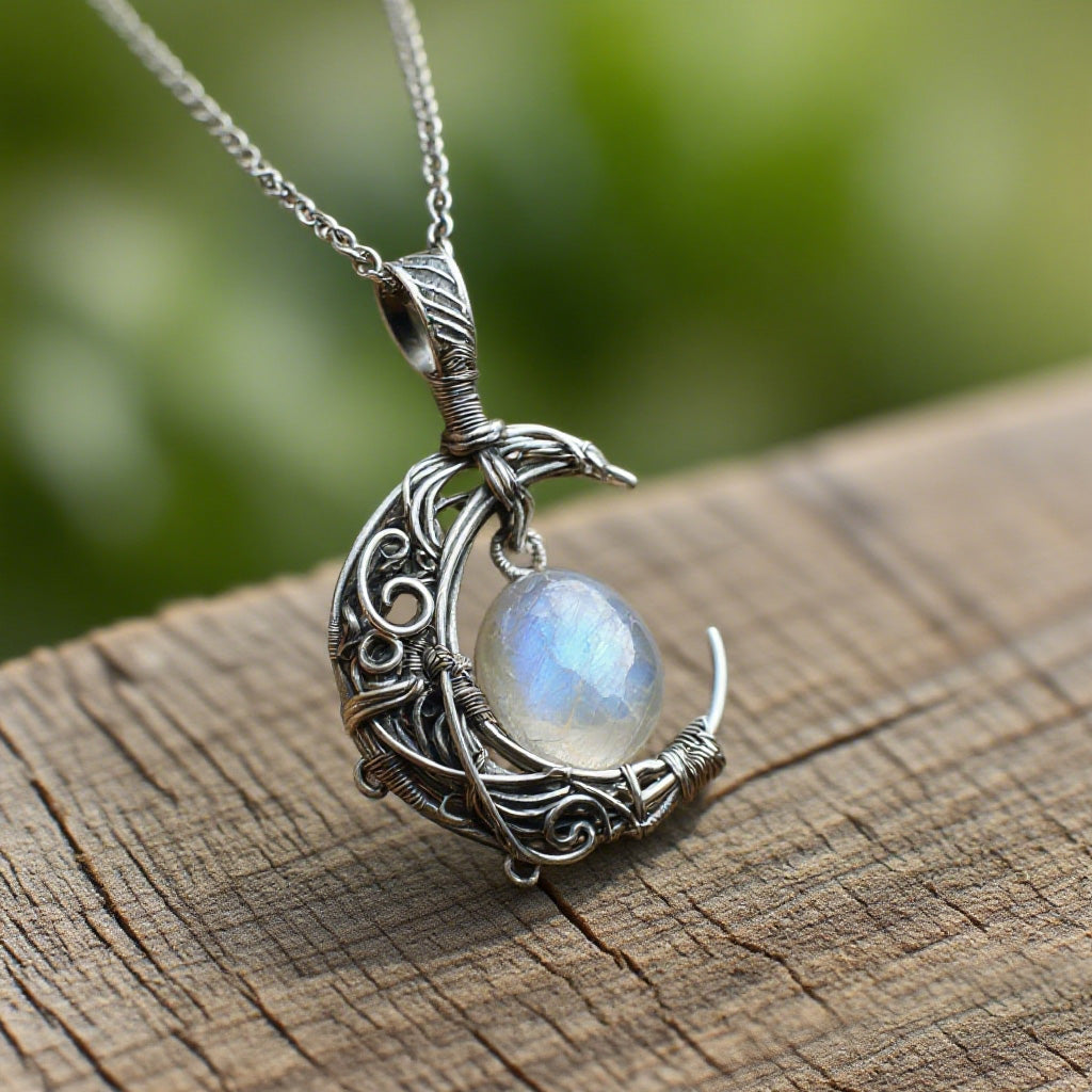 Handcrafted Crescent Moon Necklace with Rainbow Moonstone – Wire Wrapped Silver Lunar Pendant