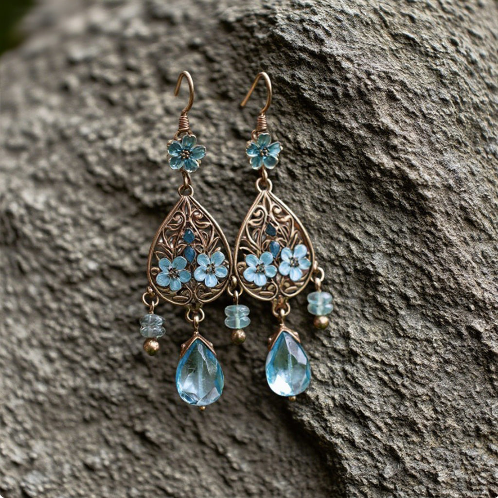 Vintage Floral Chandelier Earrings – Blue Crystal Drop with Bronze Filigree