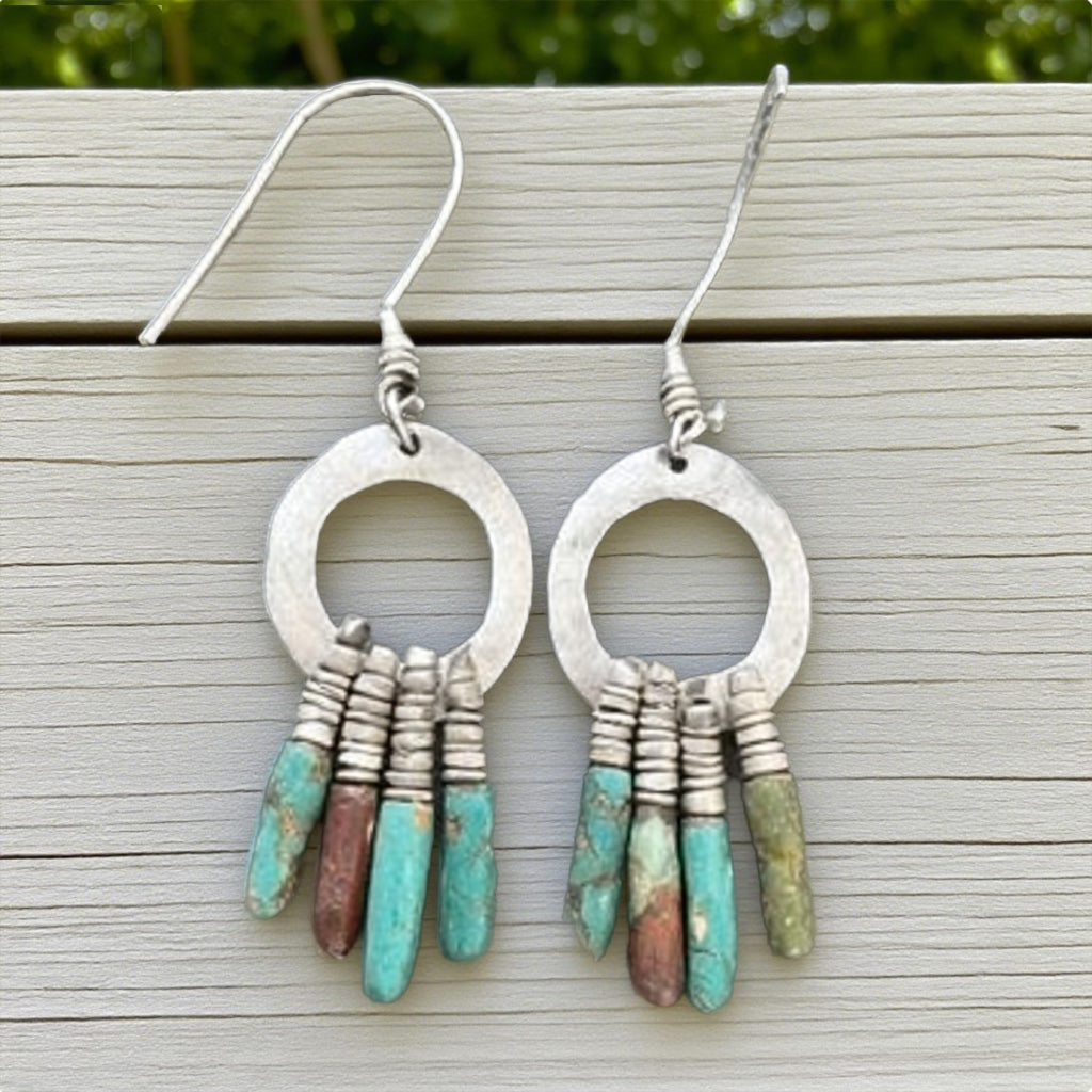 Handcrafted Rustic Hoop Earrings with Turquoise Stick Beads – Bohemian Tribal Style