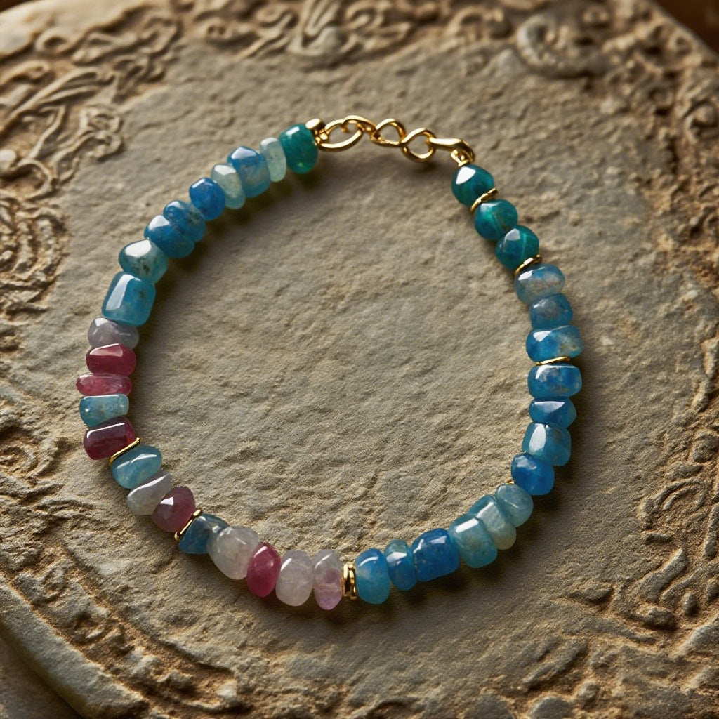 Natural Sapphire Gradient Bead Bracelet – Handcrafted Gemstone Jewelry with Gold Accents
