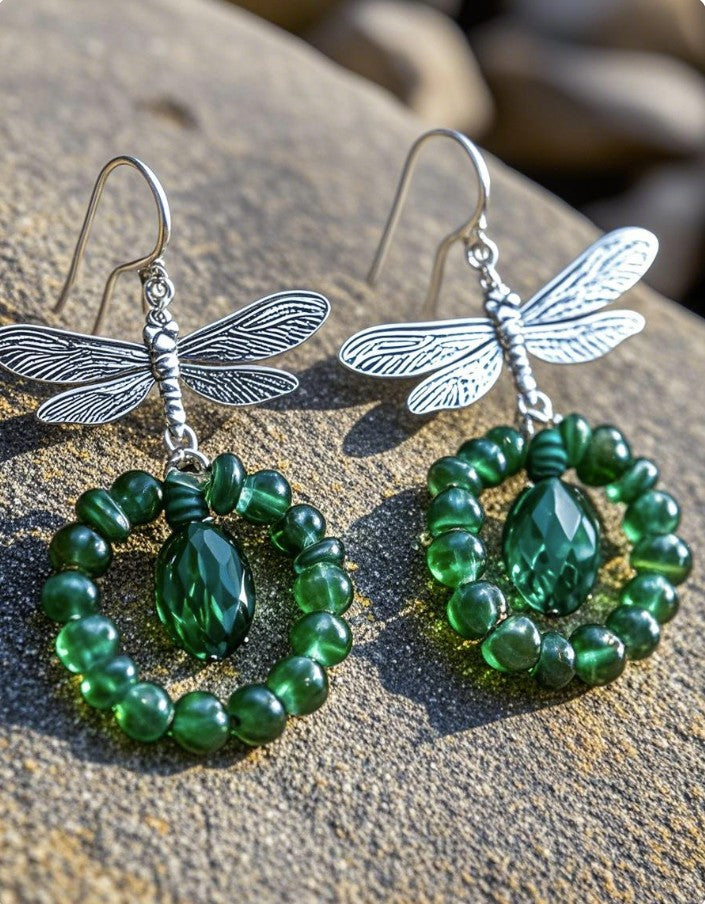 Nature-Inspired Dragonfly & Green Bead Drop Earrings