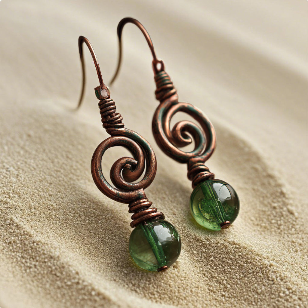 Handcrafted Copper Spiral Earrings with Green Glass Beads
