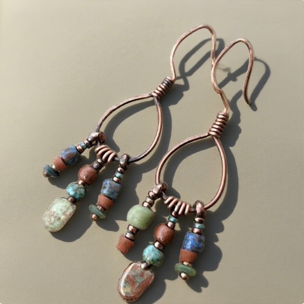Rustic Copper Teardrop Earrings with Natural Stone Beads