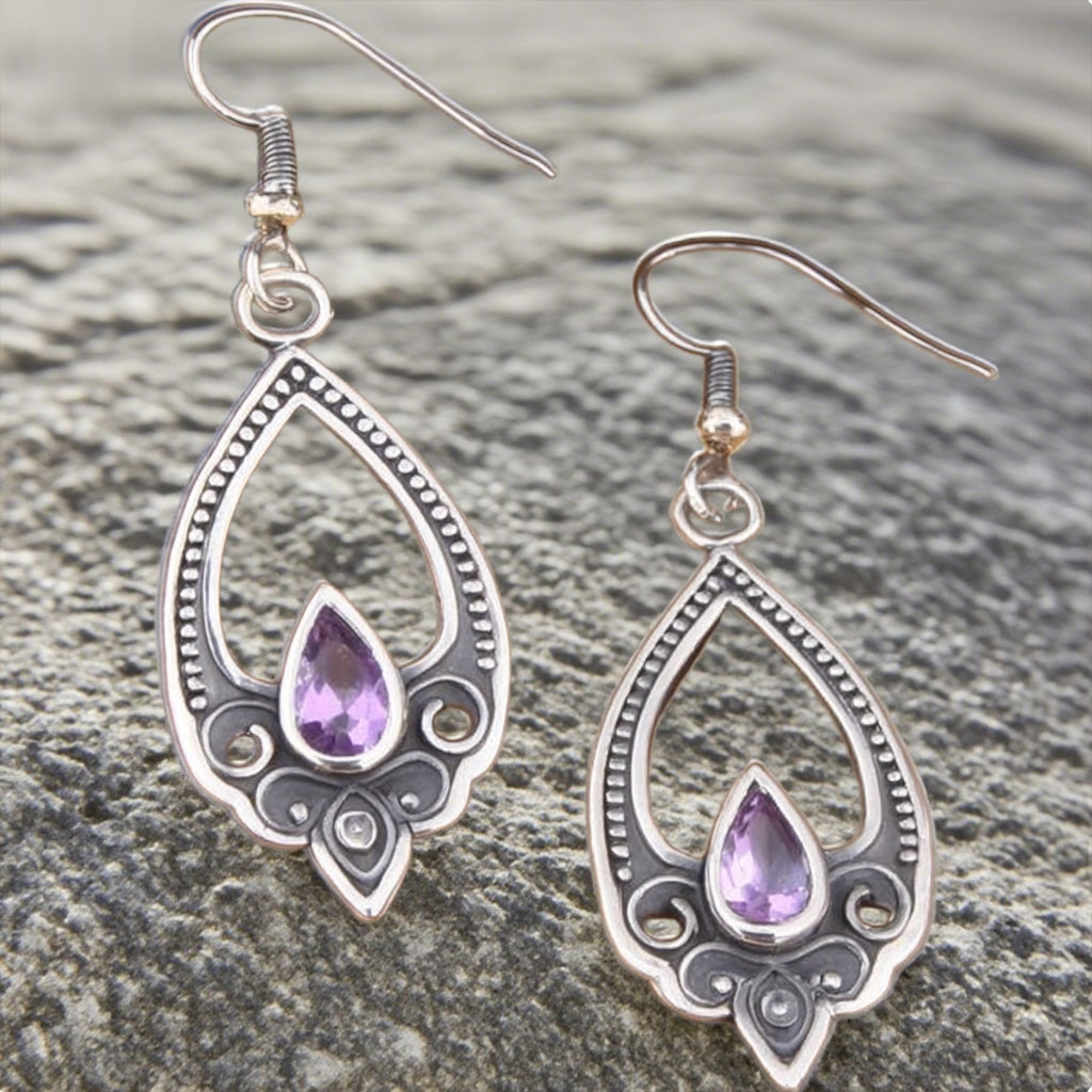Vintage Teardrop Amethyst Earrings – Boho Filigree Drop Design in Antique Silver