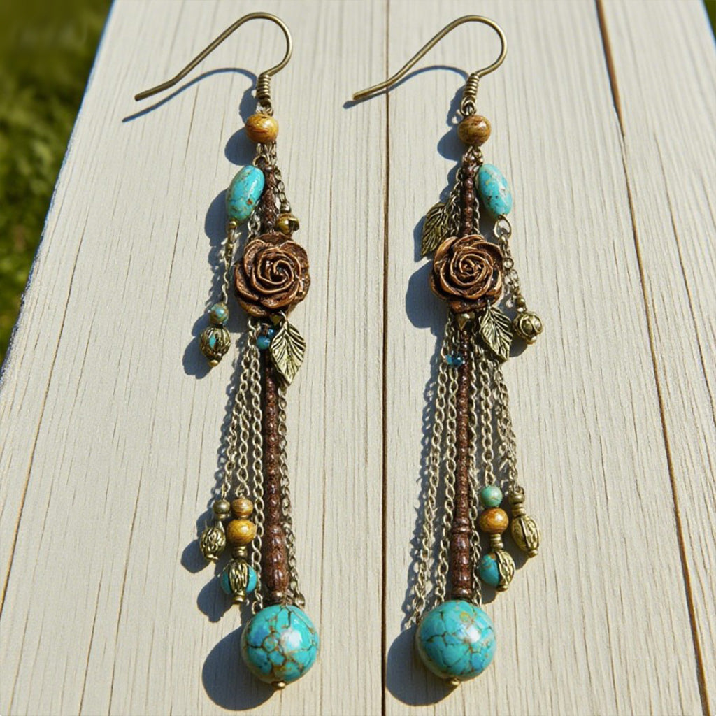 Boho Turquoise Earrings – Rose & Bead Dangle Vintage Floral Long Drop Design