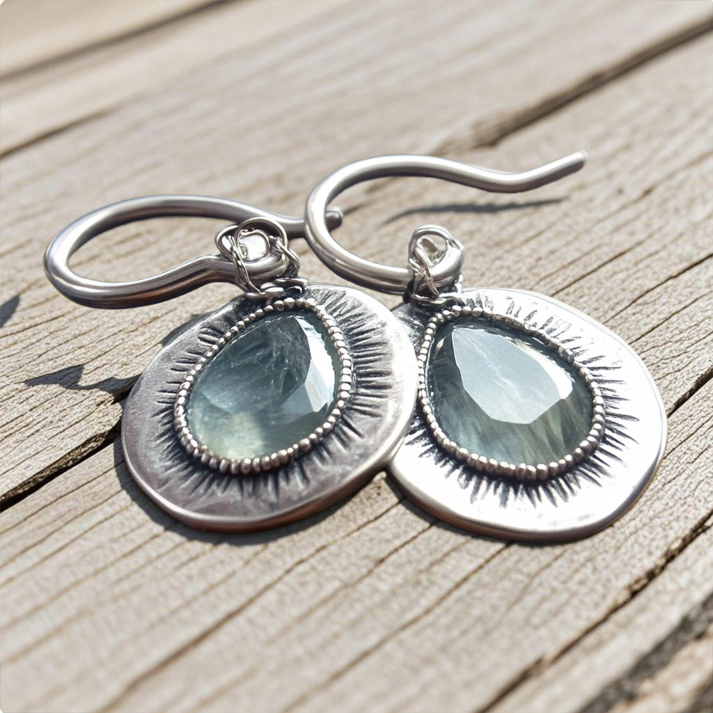 Elegant  Silver Teardrop Earrings – Faceted Gemstone Drops with Sunburst Detailing