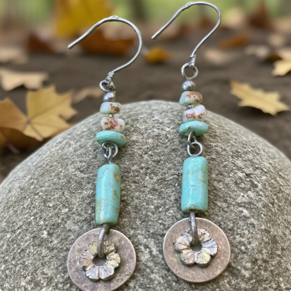 Earrings With Turquoise Beads And Rustic Floral Disc