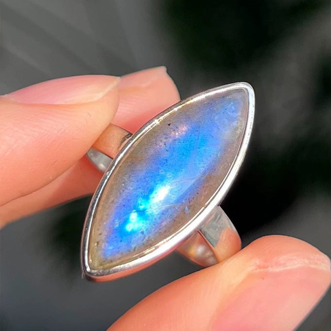 Sterling Silver Marquise Labradorite Ring – Minimalist Moonstone-Inspired Boho Jewelry