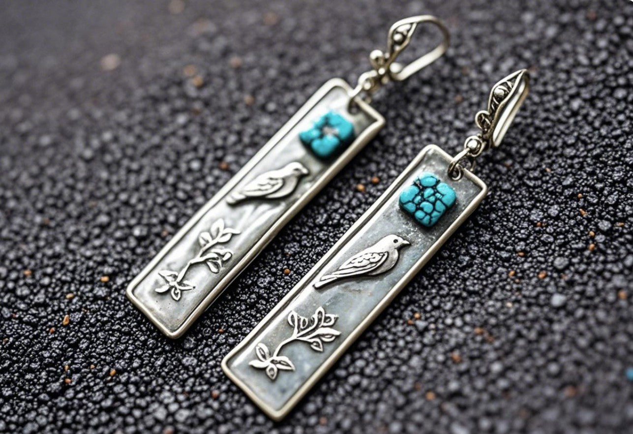 Nature-Inspired Jewelry for Women-Handmade Silver-Tone Dangle Earrings with Turquoise Accent