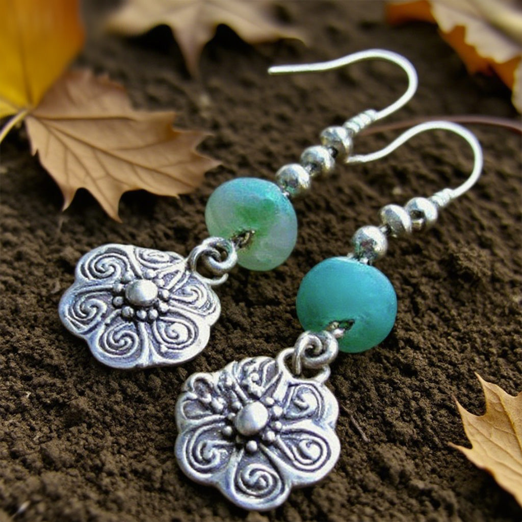 Boho Silver Floral Dangle Earrings with Aqua Beads – Handmade Vintage-Inspired Jewelry