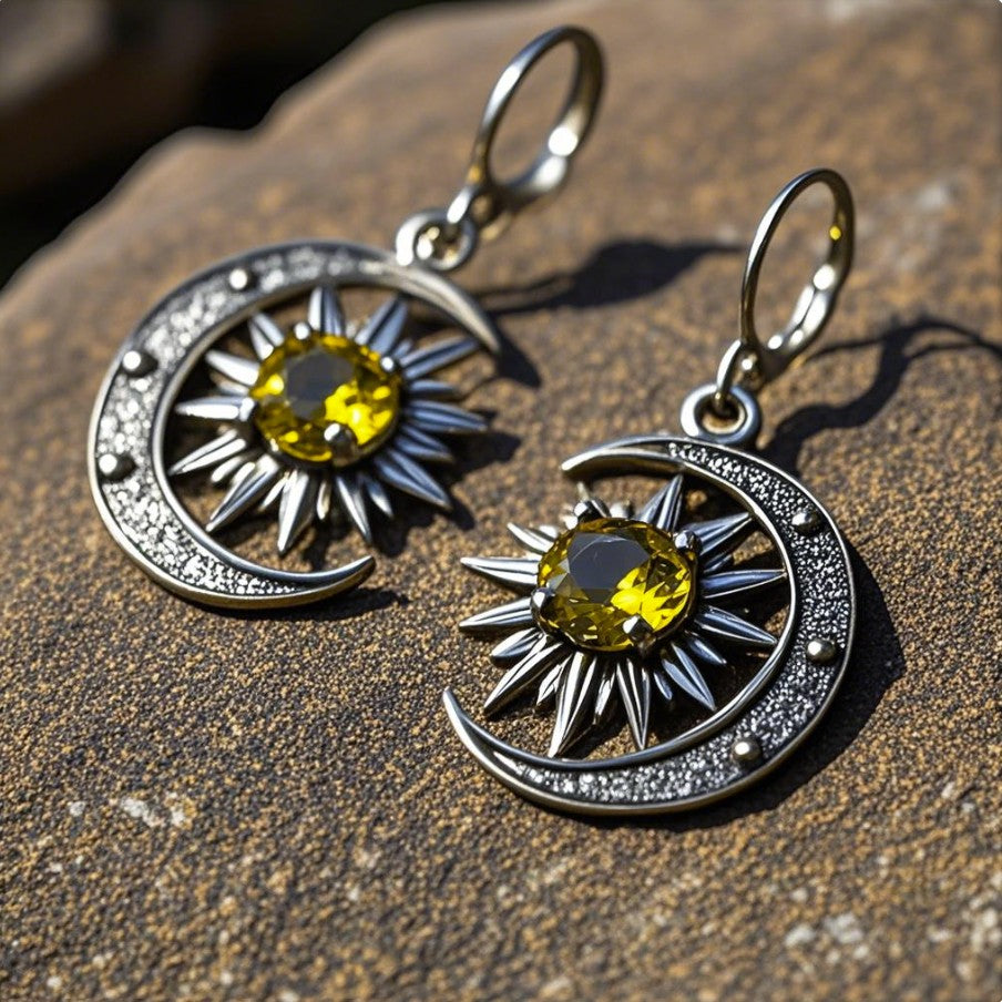 Sun and Moon Sterling Silver Earrings with Yellow Gemstone