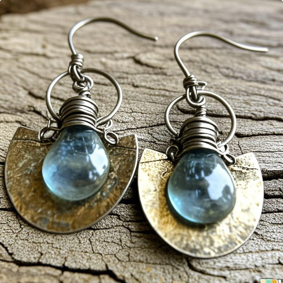 Vintage Boho Drop Earrings – Faceted Blue Crystal with Hammered Brass Fan Charms