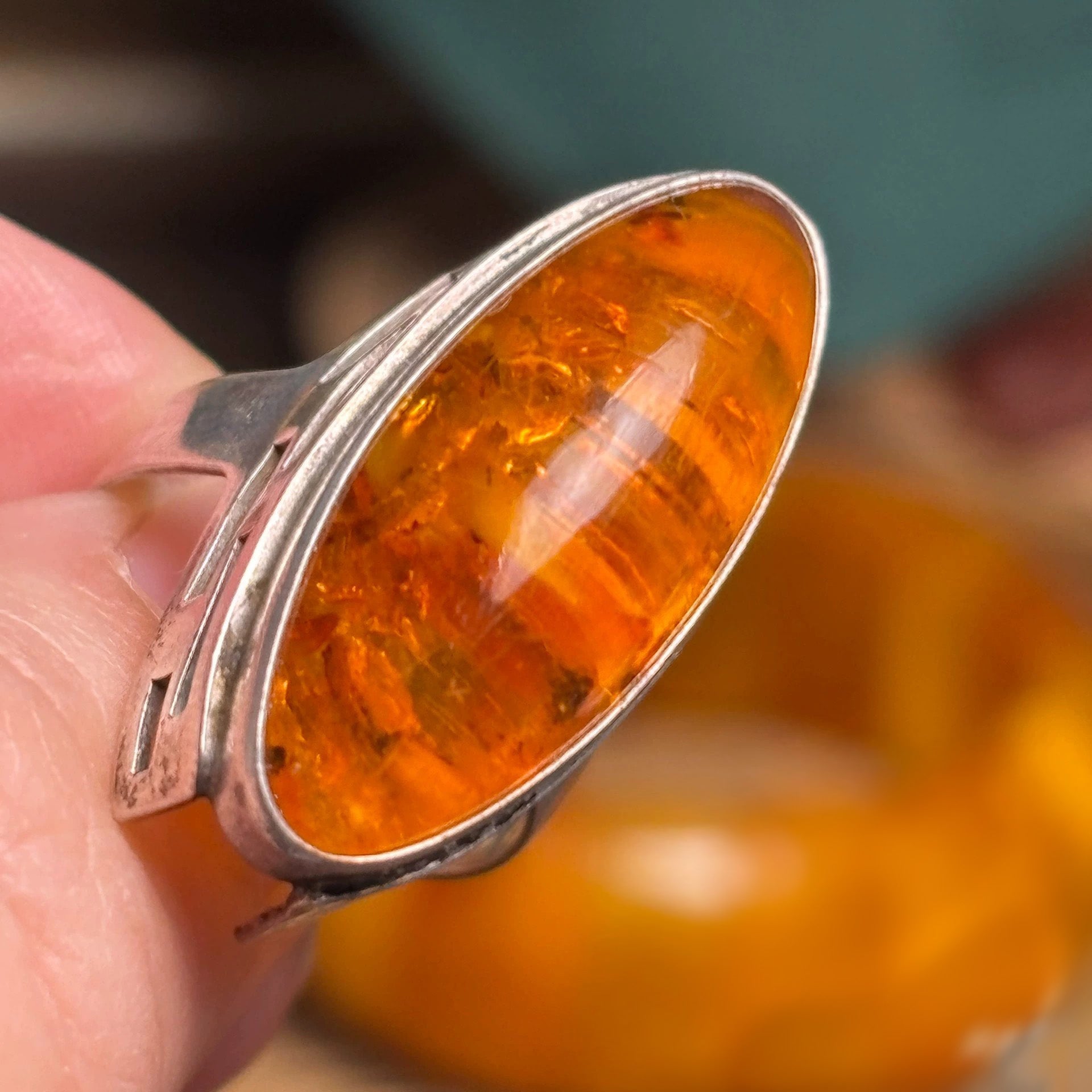 Vintage Amber Stone Silver Ring with Geometric Design