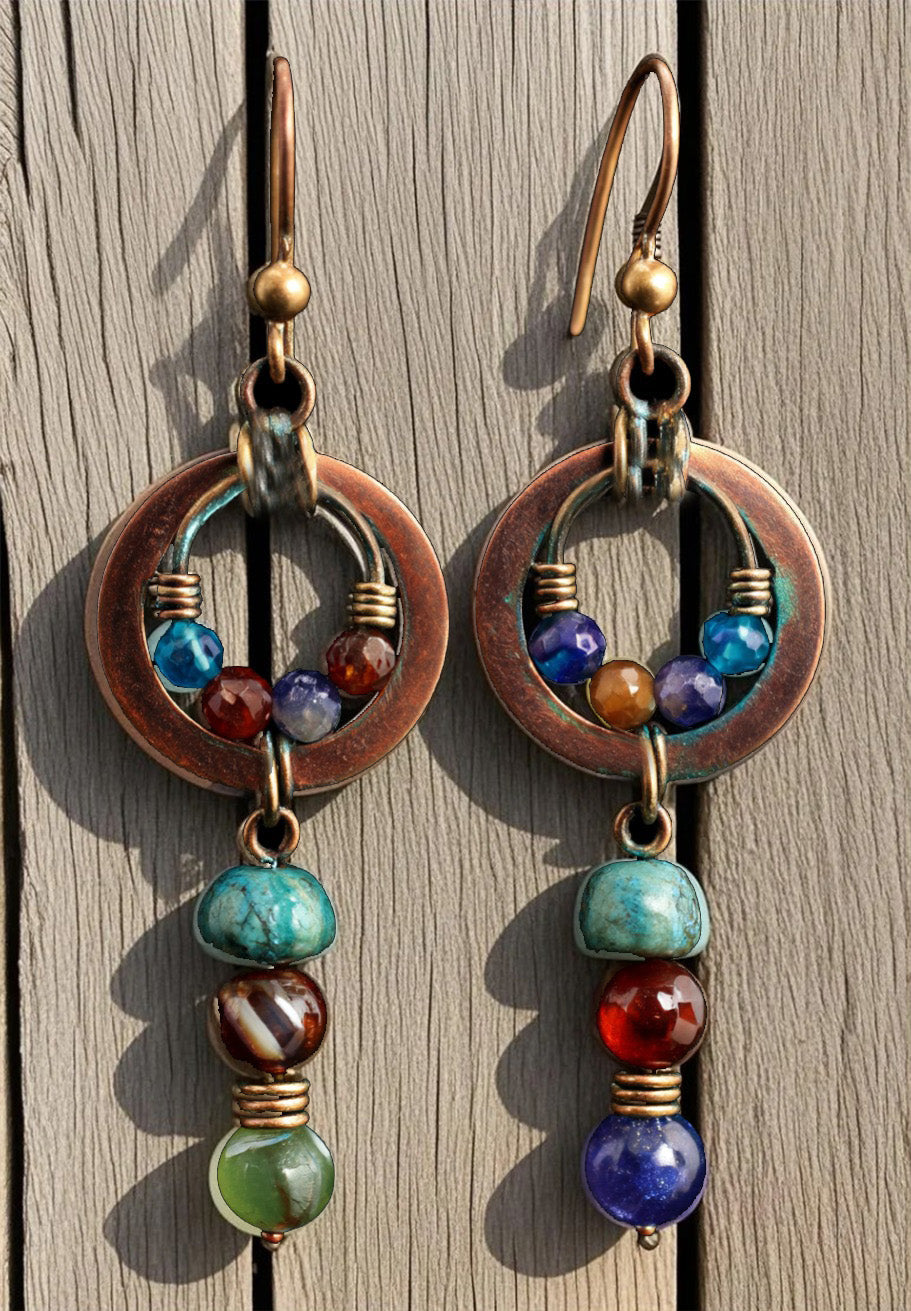 Boho Multicolor Gemstone Dangle Earrings – Vintage Bronze Hoop Earrings with Natural Stone Beads