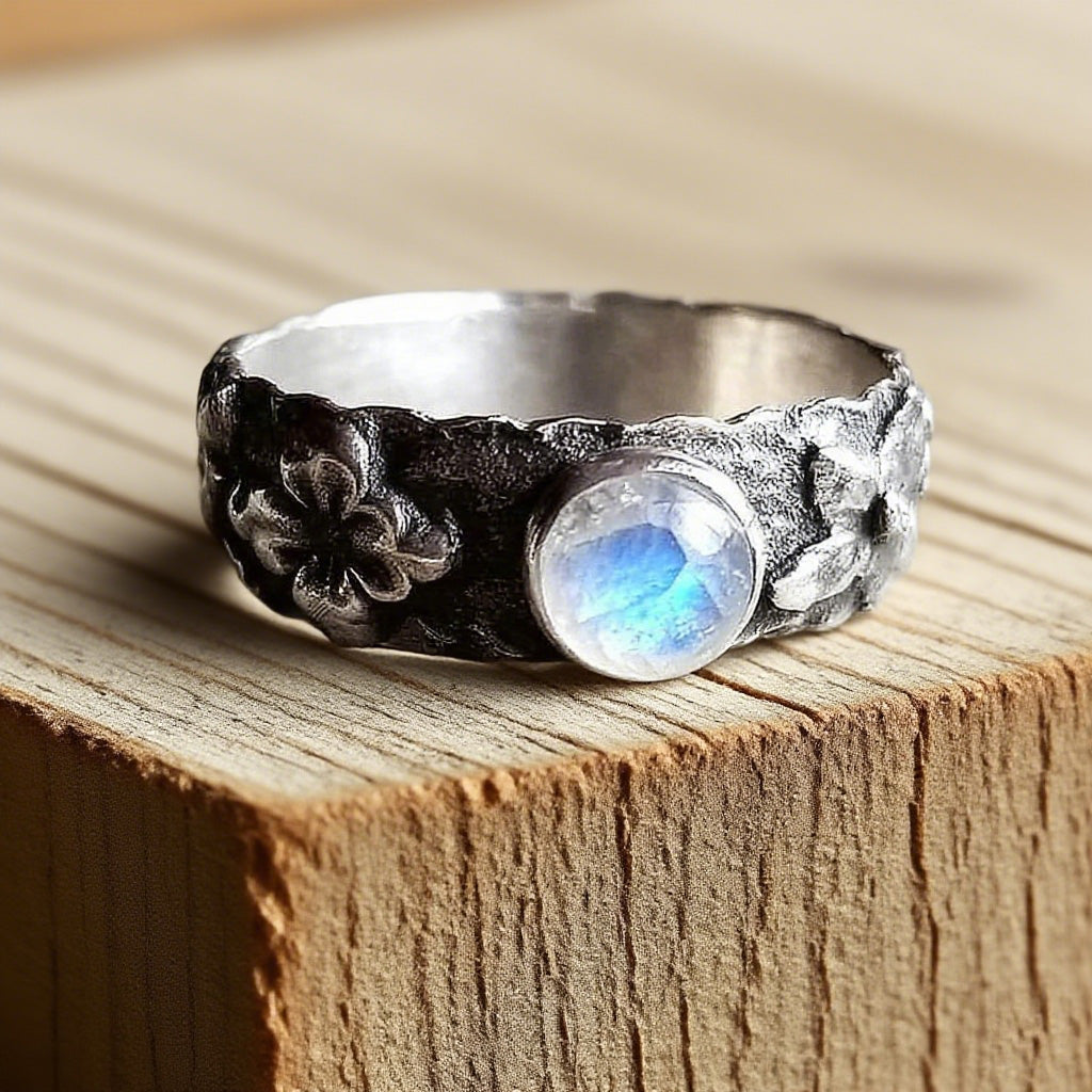 Vintage Floral Moonstone Ring – Handmade Boho Sterling Silver-Tone Band for Women