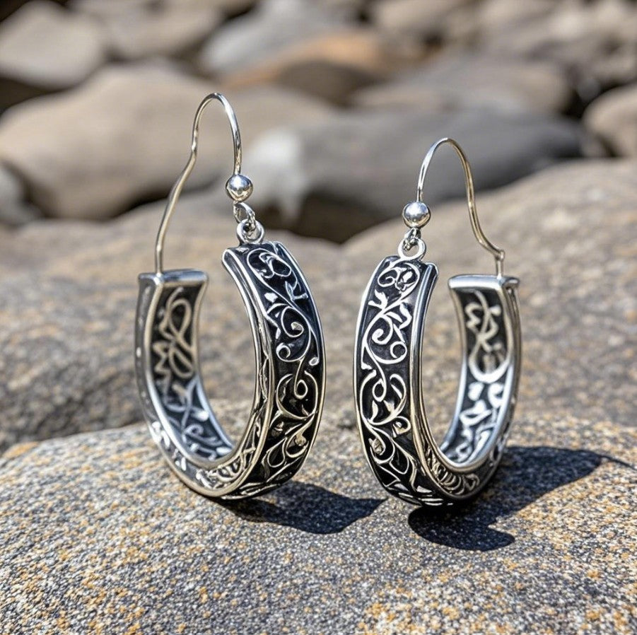 Vintage-Inspired Carved Silver Hoop Earrings