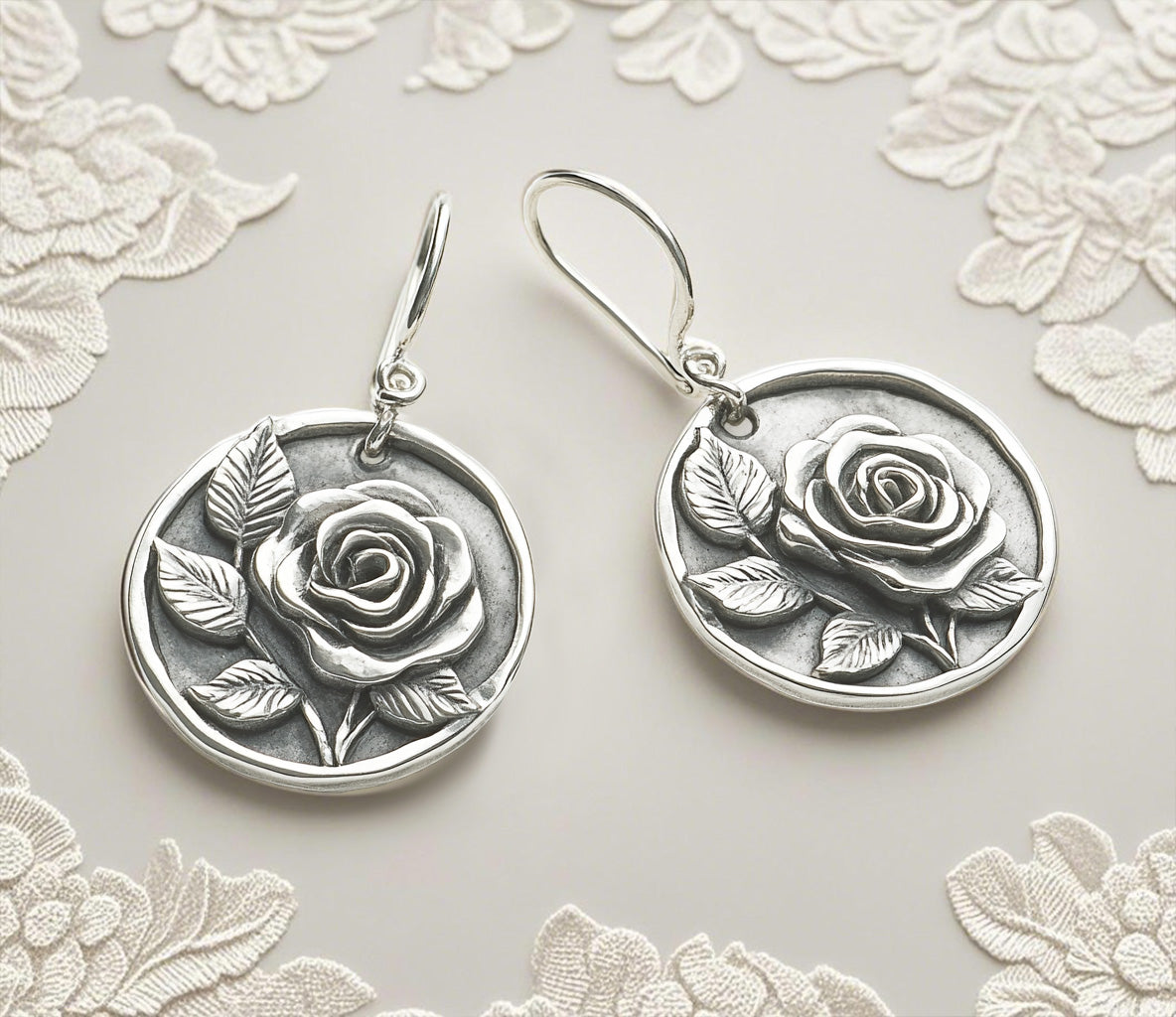 Vintage Rose Medallion Earrings – Antique Silver Floral Drop Earrings