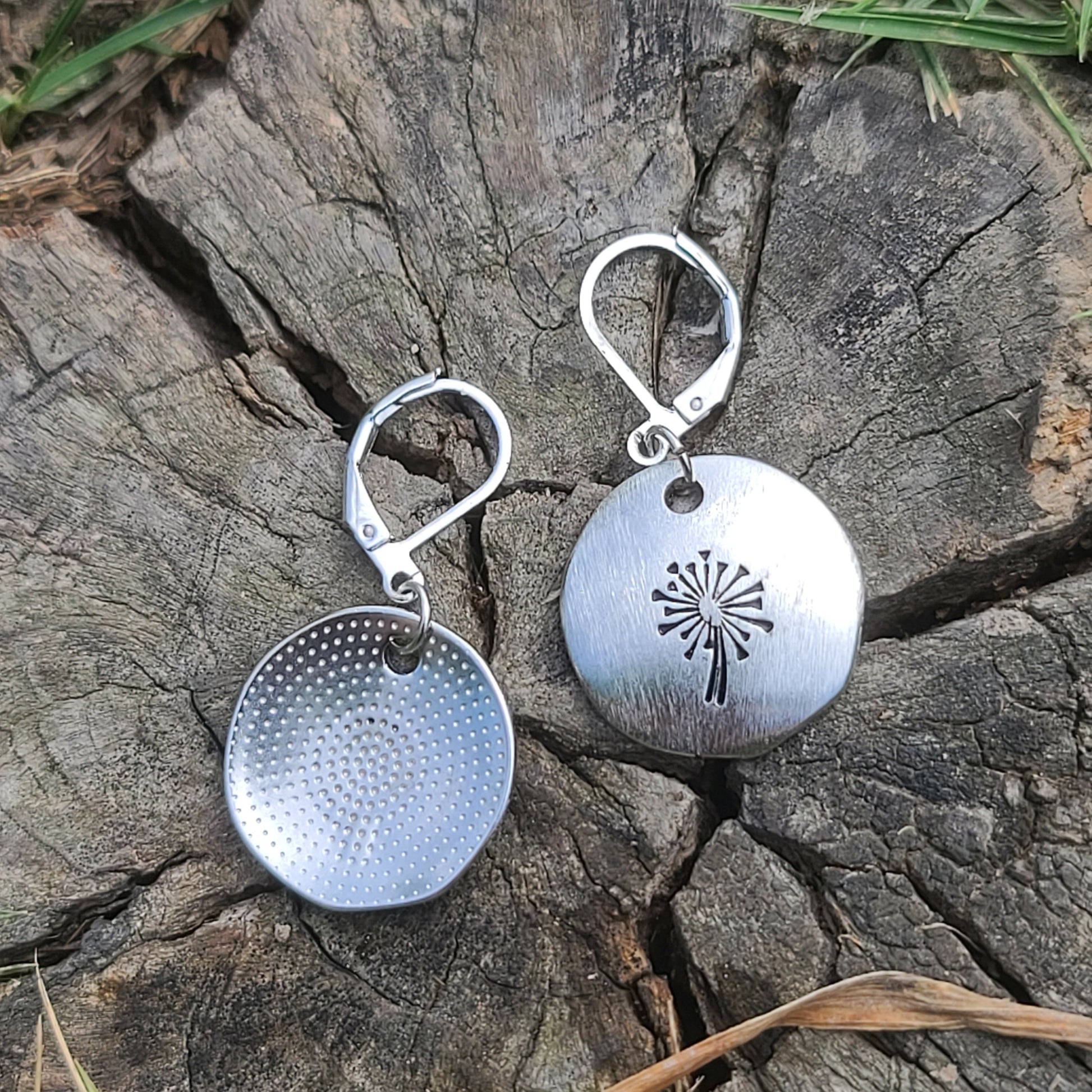 Handmade Brushed Silver Dandelion Earrings – Round Drop Earrings with Leverback Hooks