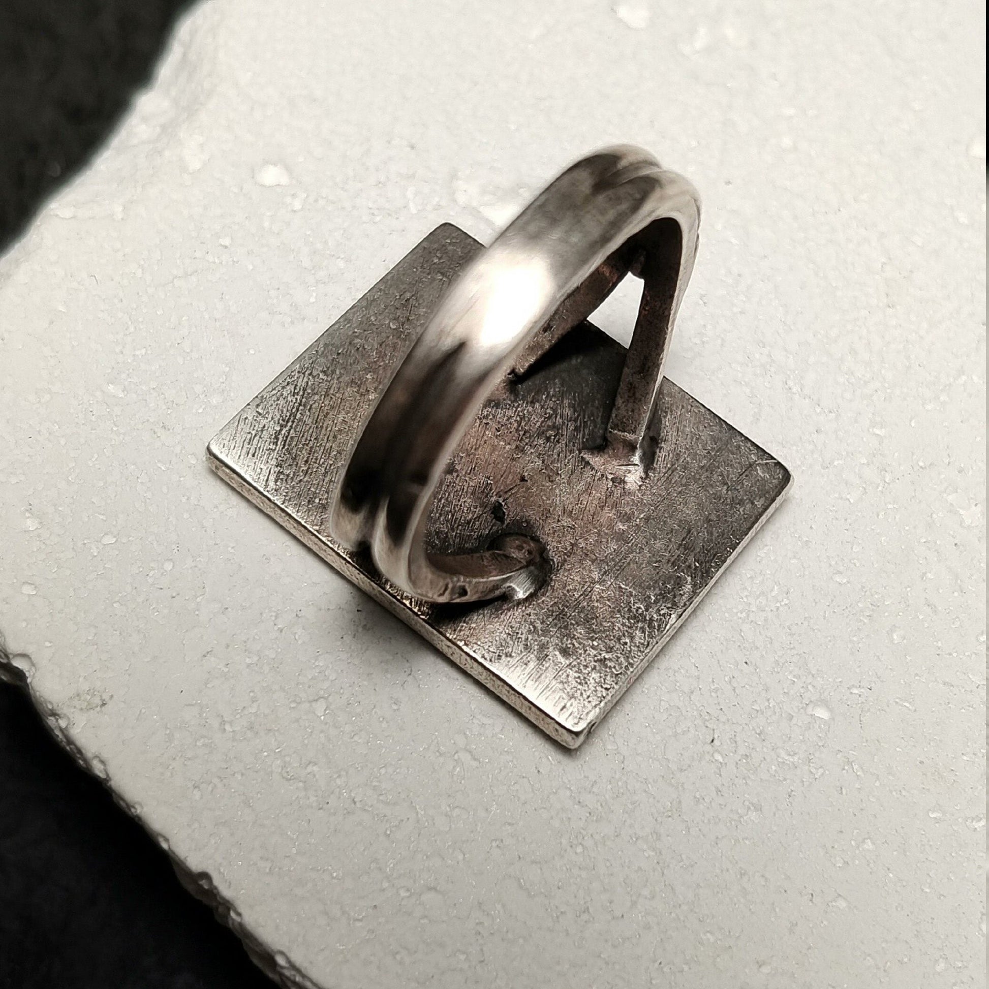 Vintage Southwestern Mosaic Ring – Sterling Silver Rectangle Ring with Turquoise & Coral Inlay Tribal Dancer Design