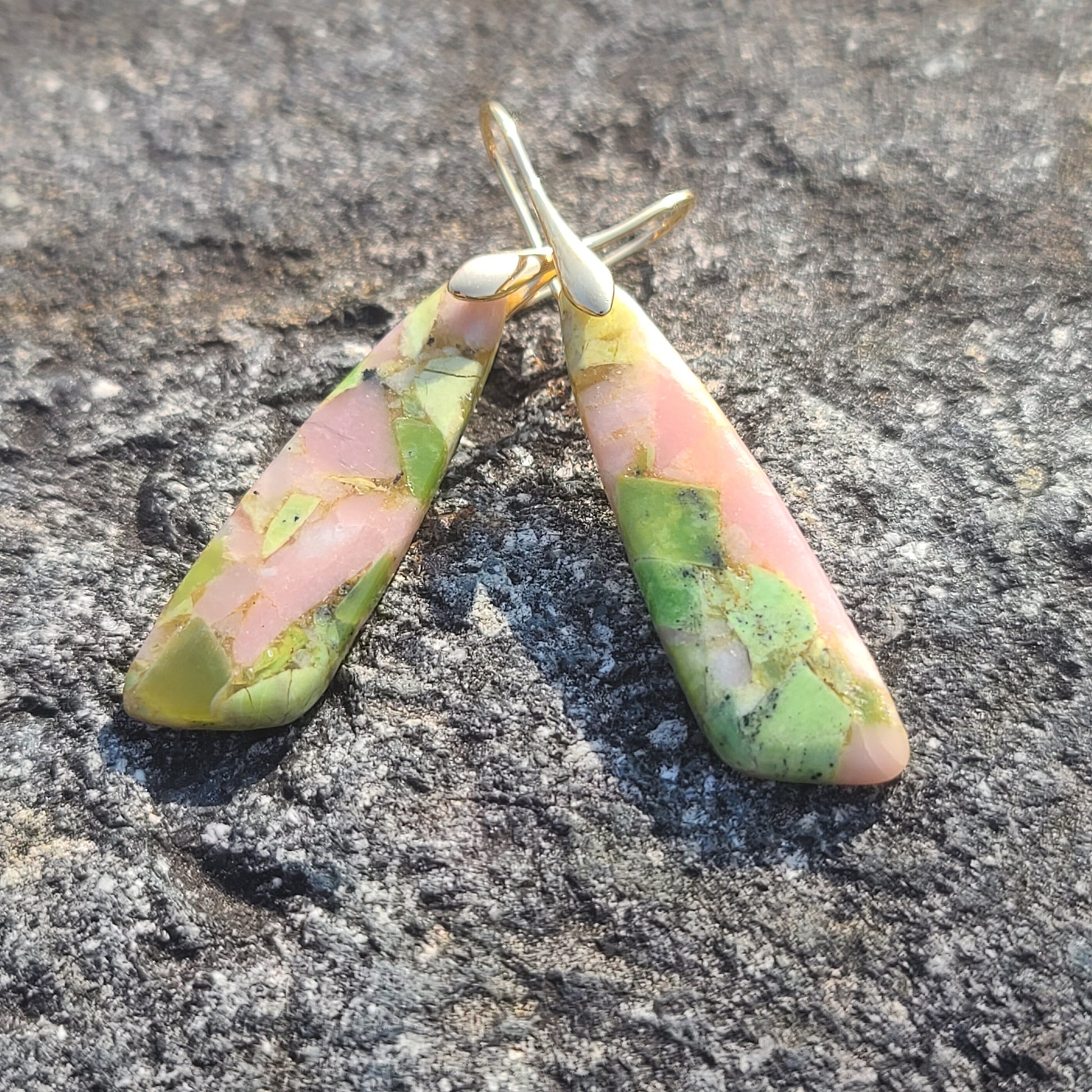 Handmade Pastel Green & Pink Mosaic Resin Earrings – Nature-Inspired Drop Earrings with Gold Hooks