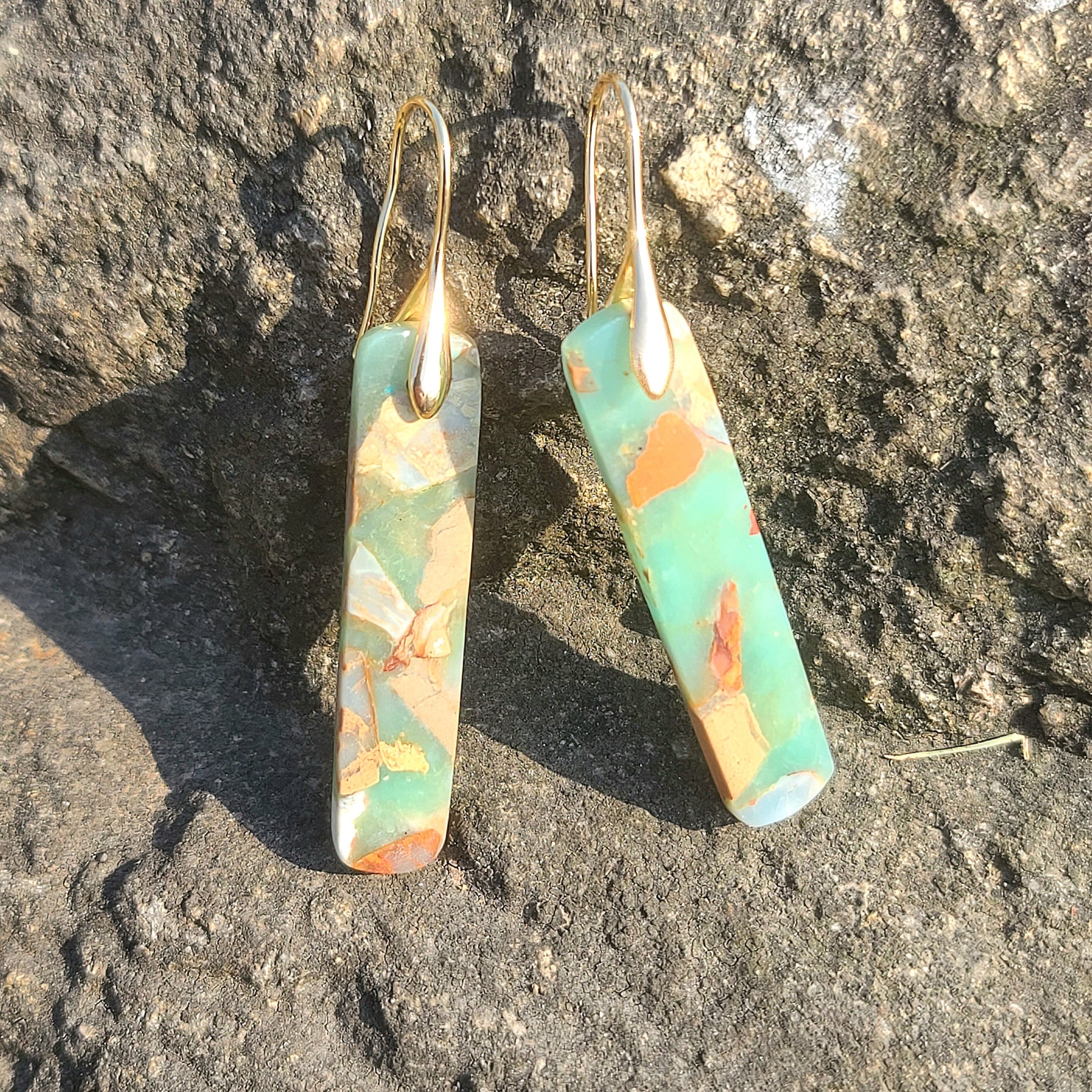 Handmade Mint Green & Terracotta Mosaic Resin Earrings – Long Rectangular Drop with Gold Hooks