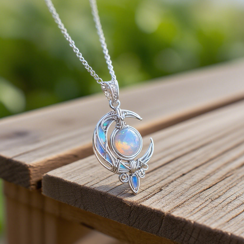 Mystic Moon Pendant Necklace with Opal Stone – Silver Celestial Jewelry for Boho & Fantasy Lovers
