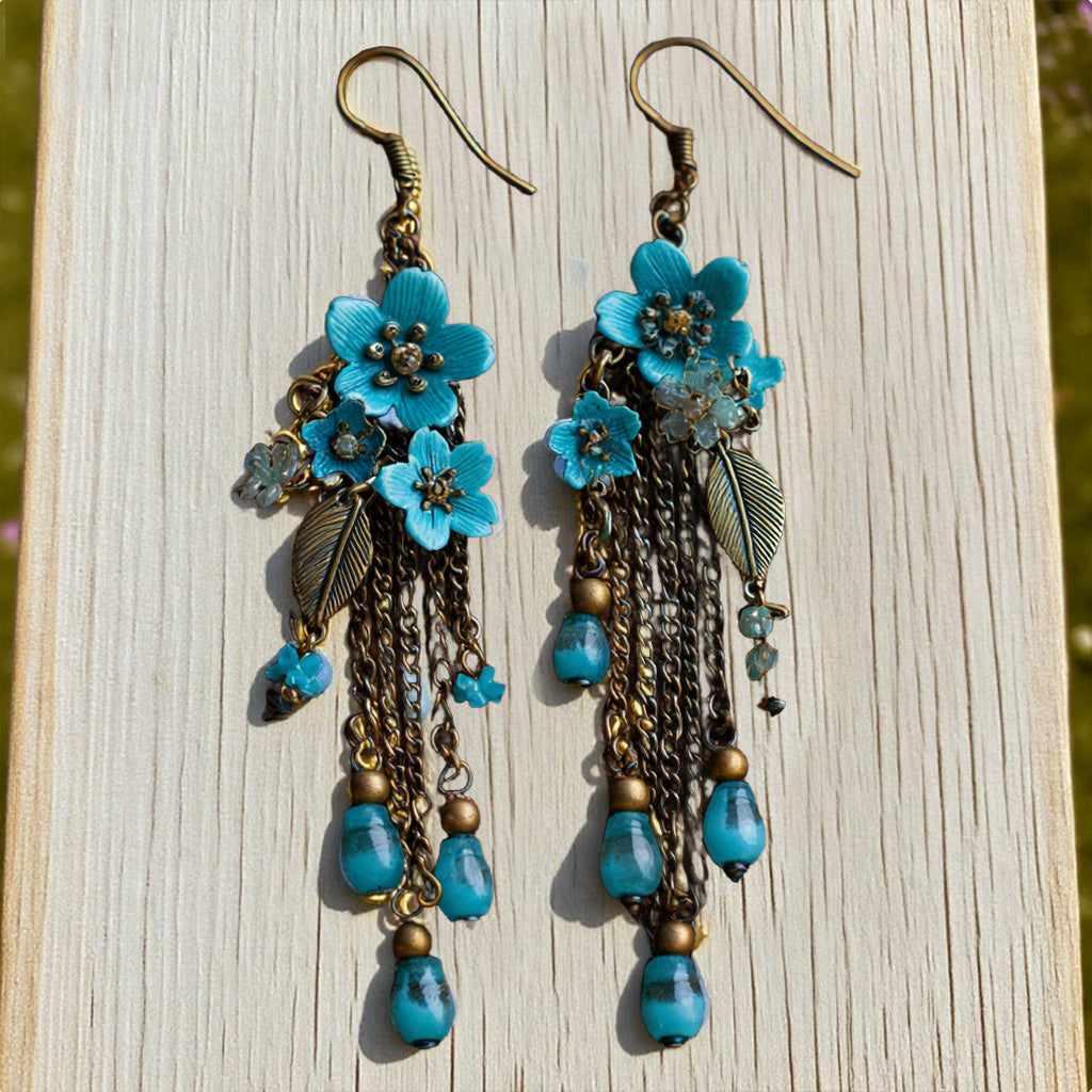 Bohemian Blue Floral Tassel Earrings