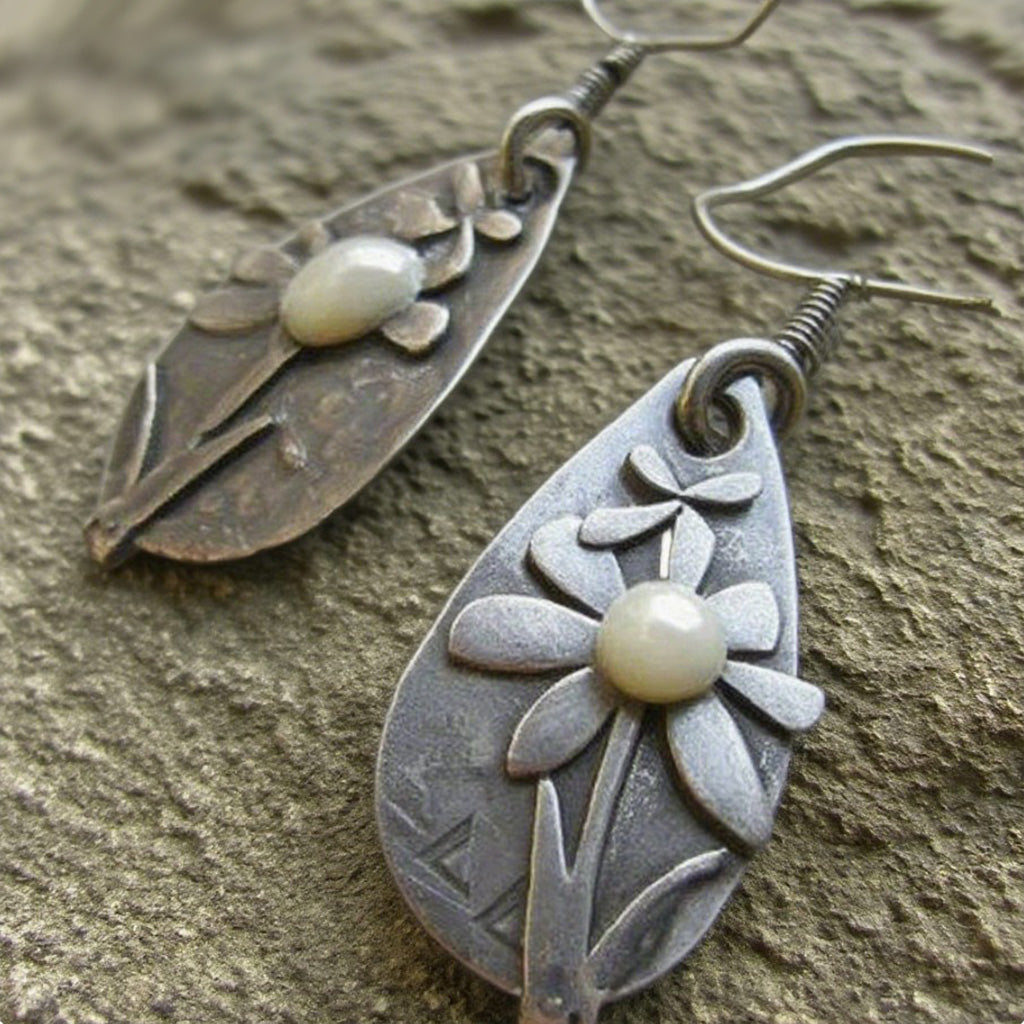 Vintage Floral Drop Earrings with Pearl Center – Handcrafted Antique Silver Look