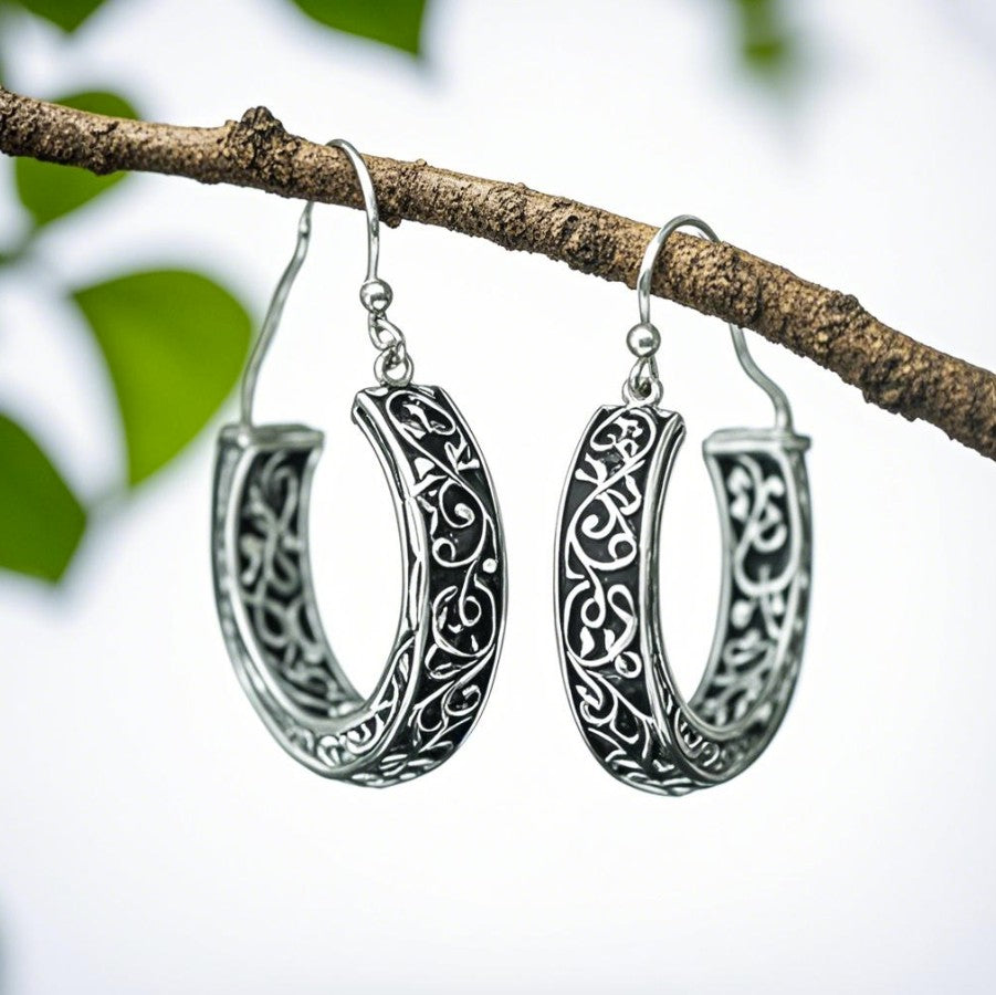 Vintage-Inspired Carved Silver Hoop Earrings