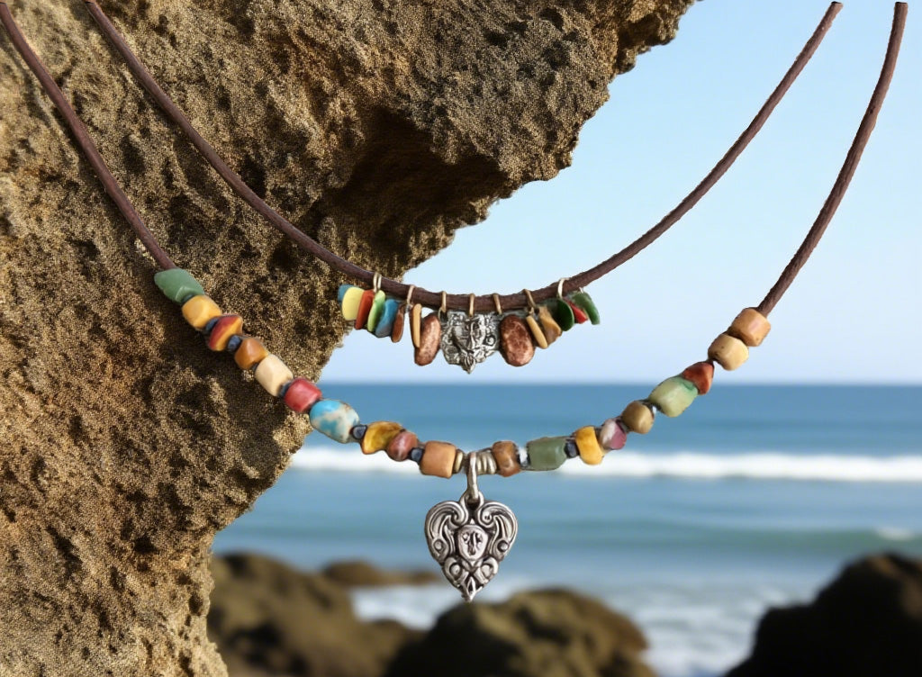 Boho Layered Beaded Necklace with Heart Pendant – Handmade Tribal Style with Natural Stone & Leather Cord