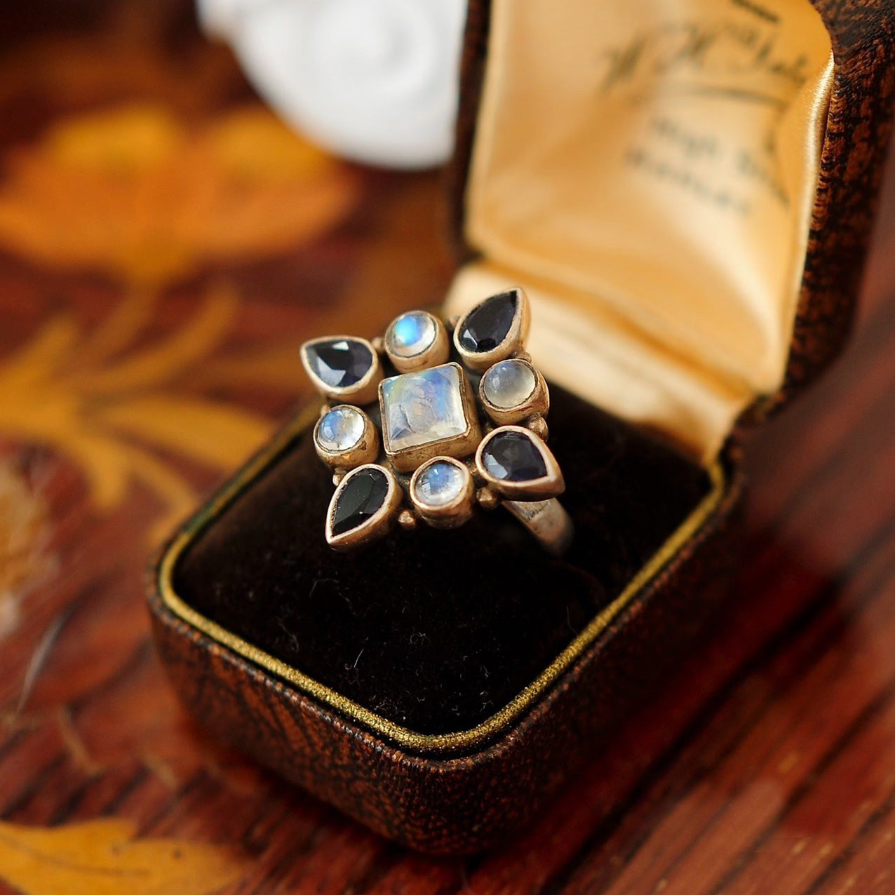 Boho Vintage Statement Ring – Moonstone & Black Onyx Floral Cluster in Antique Bronze Setting