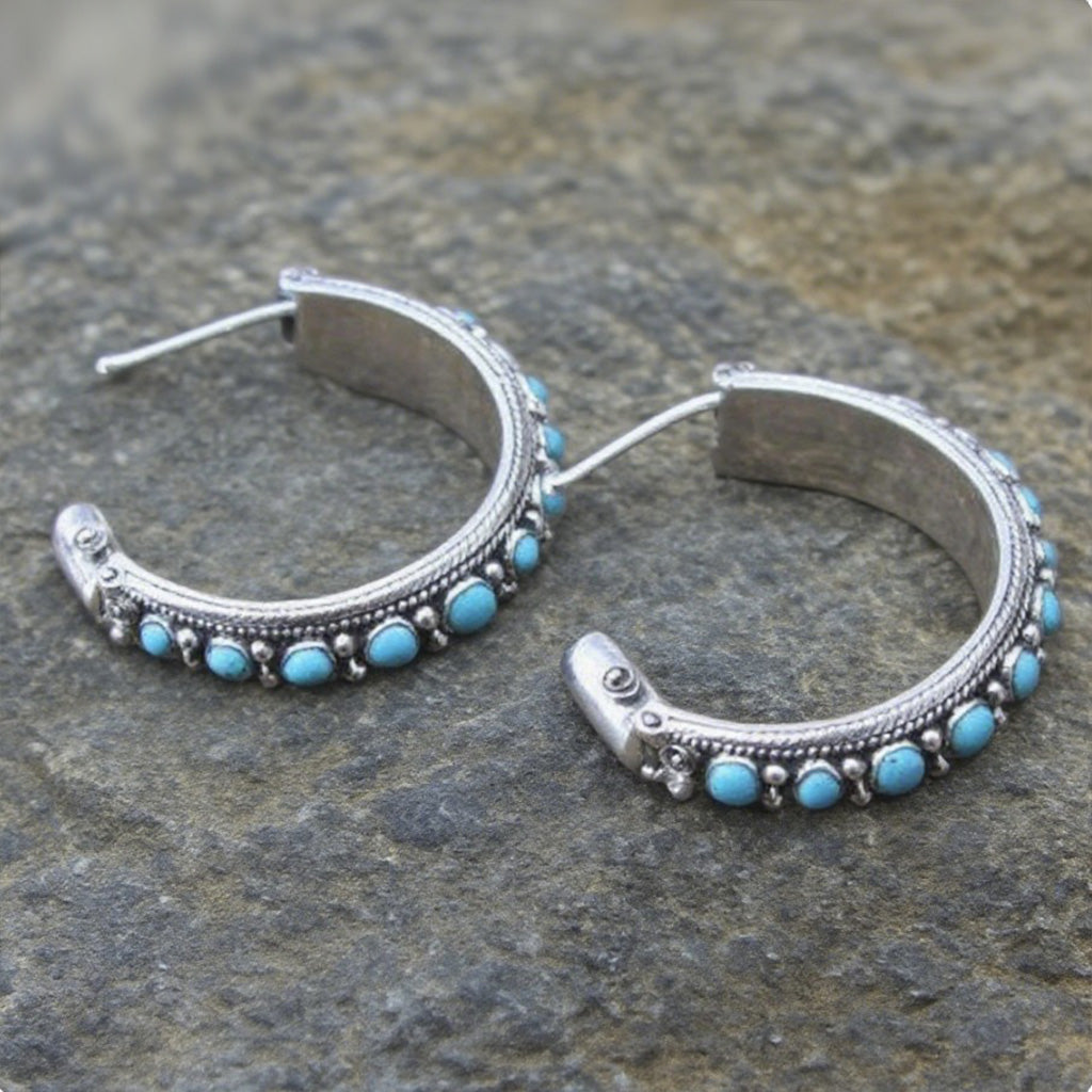 Vintage Silver Half Hoop Earrings with Turquoise Accents – Bohemian Tribal Style Jewelry