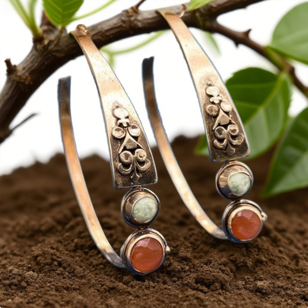 Rustic Gemstone Hoop Earrings – Vintage Bronze Floral Design with Dual Stone Accents