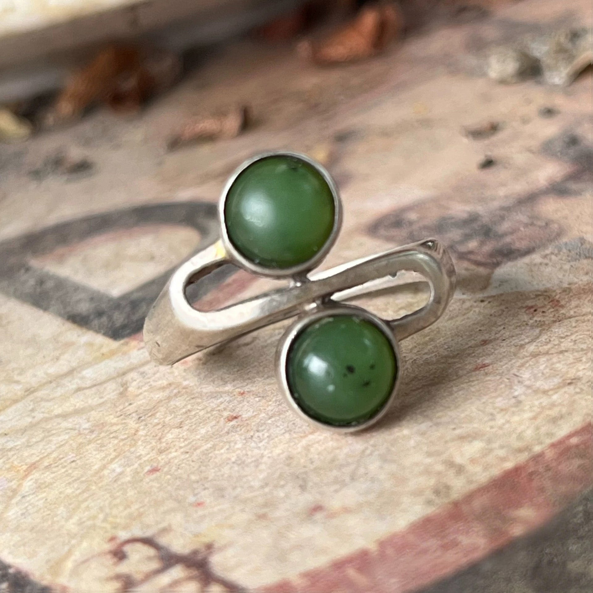 Sterling Silver Open Ring with Dual Green Stones – Minimalist Yin Yang Inspired Adjustable Jewelry