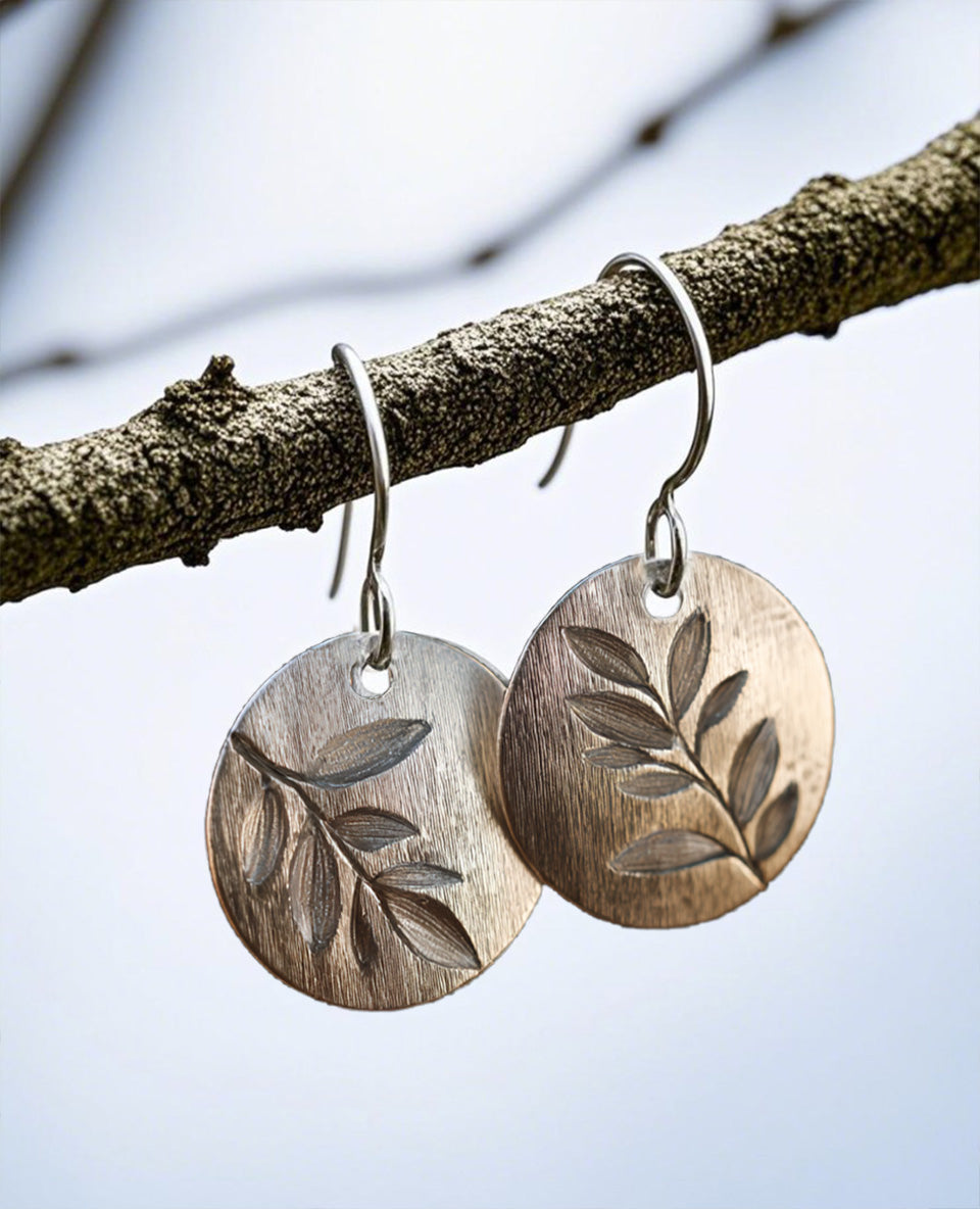 Botanical Etched Disc Earrings – Handcrafted Silver-Tone Leaf Medallion Dangles