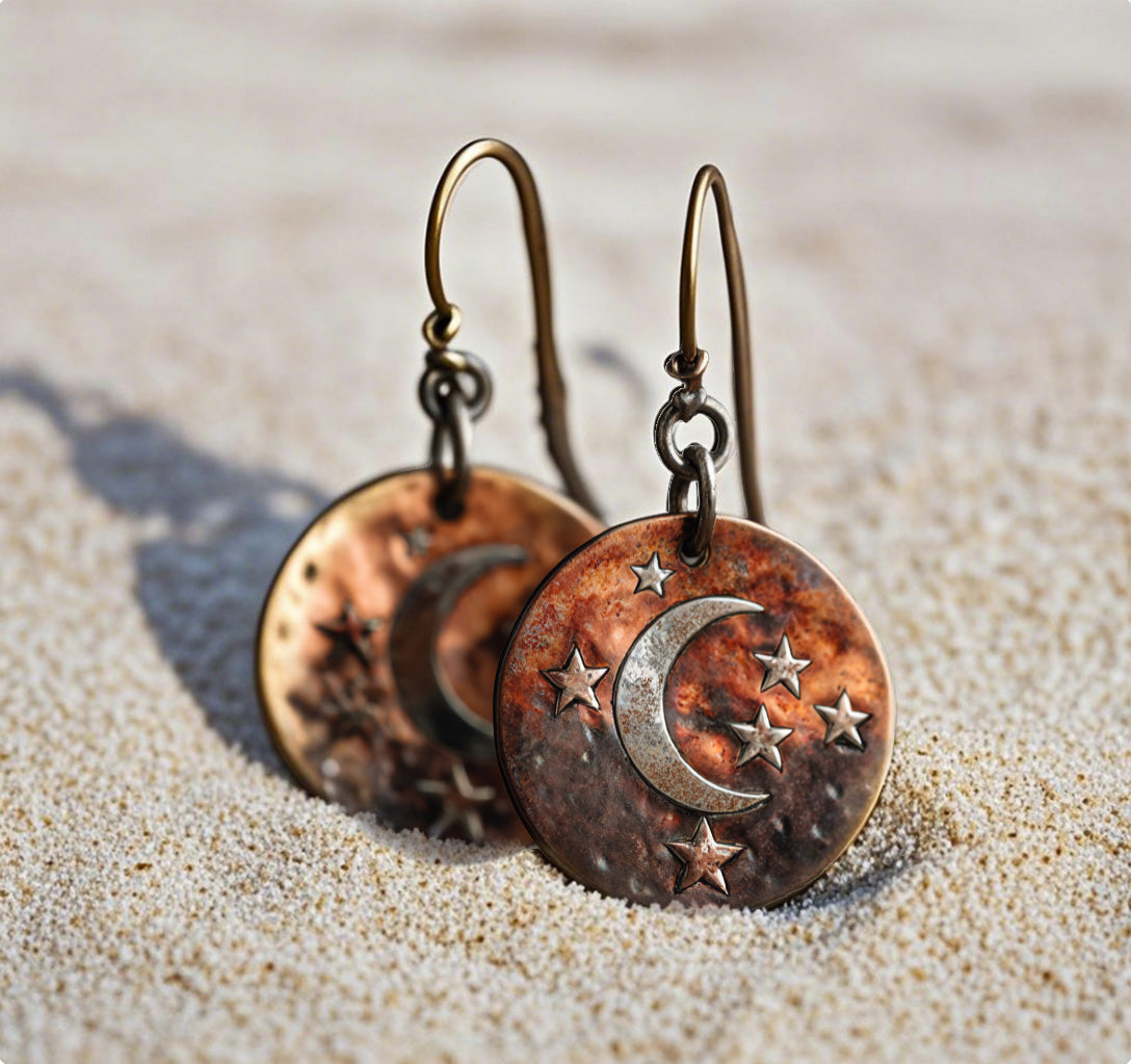 Vintage Copper Crescent Moon and Stars Earrings