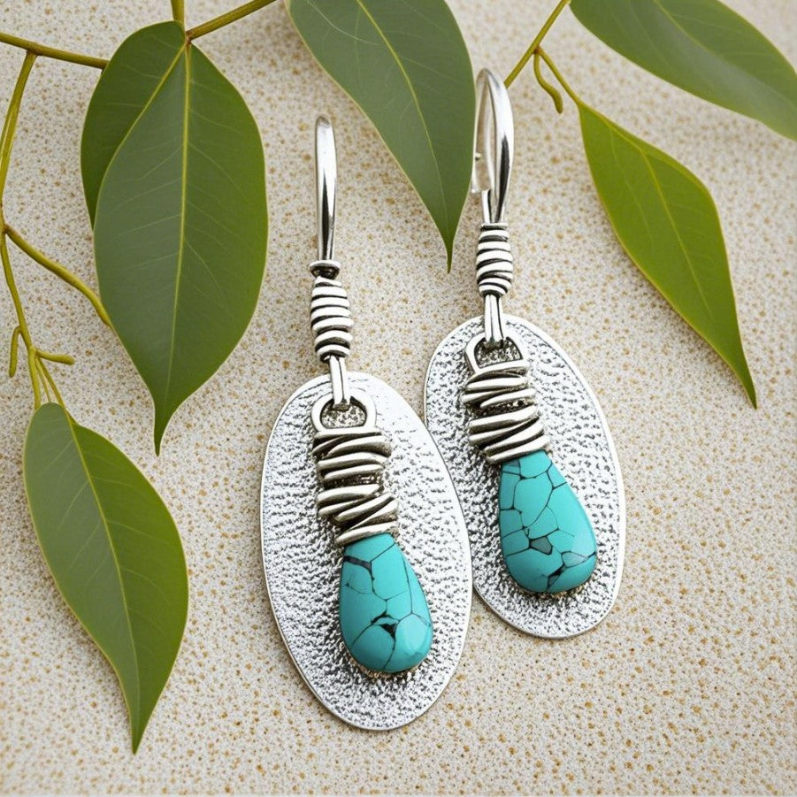 Handmade Turquoise Drop Earrings – Rustic Oval Dangle Earrings with Wrapped Wire Detai