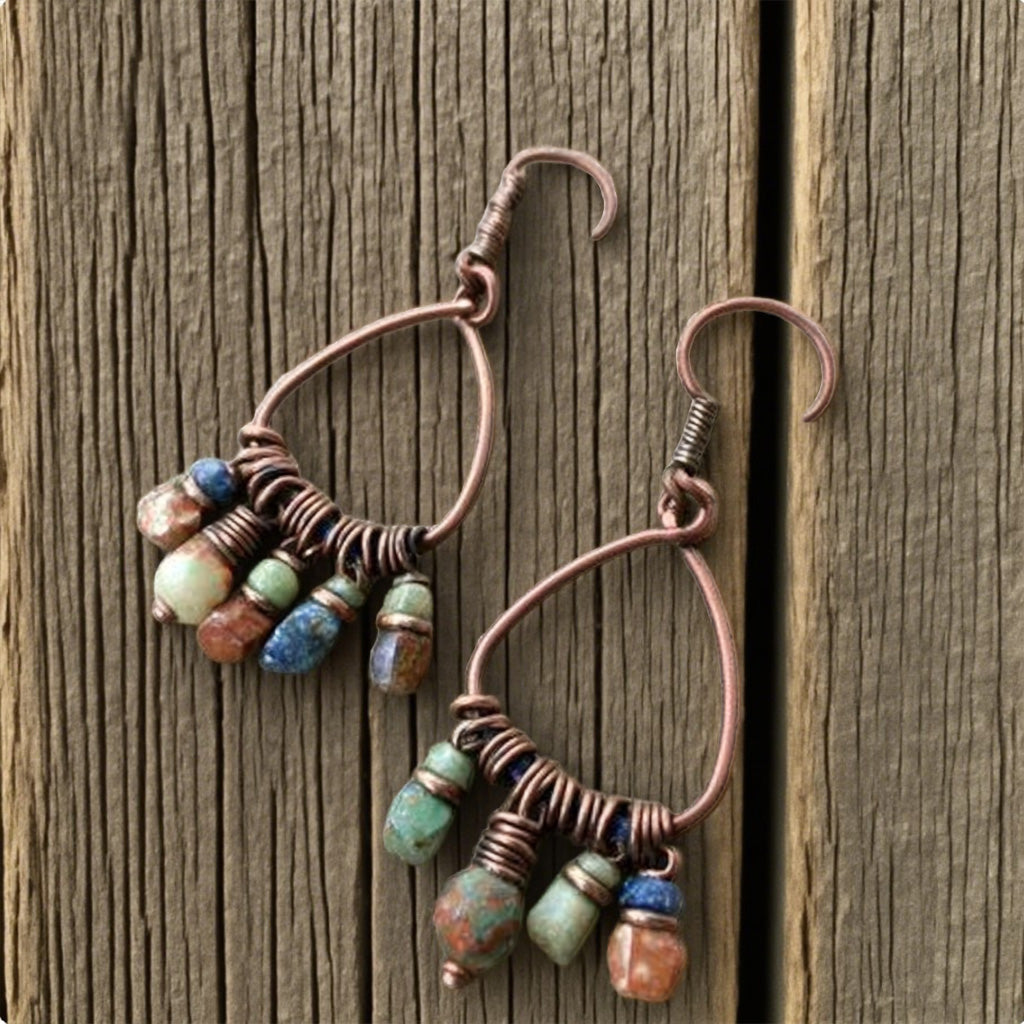 Rustic Copper Wire Drop Earrings with Multicolor Stone Beads